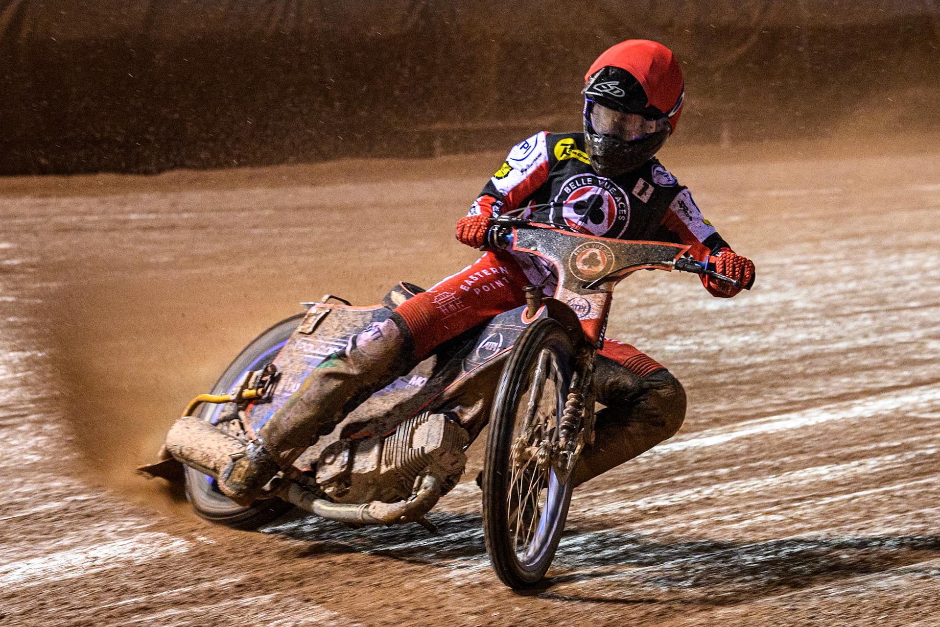 Brady Kurtz of Belle Vue Aces in action during the Rowe Motor Oil Premiership match between Belle Vue Aces and Leicester Lions at the National Speedway Stadium, Manchester on Saturday 6th April 2024. (Photo: Ian Charles | MI News)