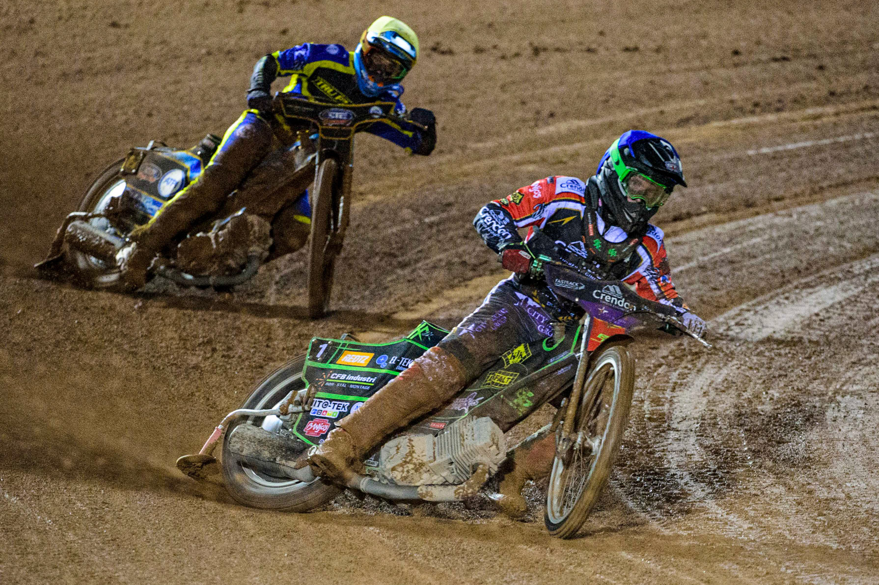 Benjamin Basso (Blue) leads Justin Sedgmen (Yellow)  during the Grant Henderson Pairs at the National Speedway Stadium, Manchester on Thursday 27th October 2022. (Credit: Ian Charles | MI NEWS)