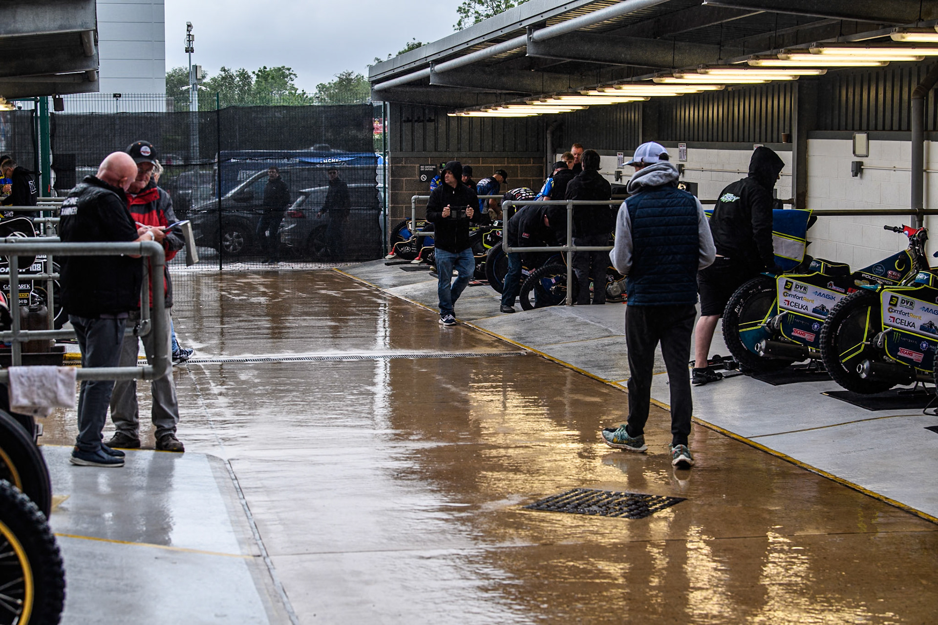 A very wet pits prior to the meeting during the Rowe Motor Oil Premiership match between Belle Vue Aces and Sheffield Tigers at the National Speedway Stadium, Manchester on Monday 27th May 2024. (Photo: Ian Charles | MI News)