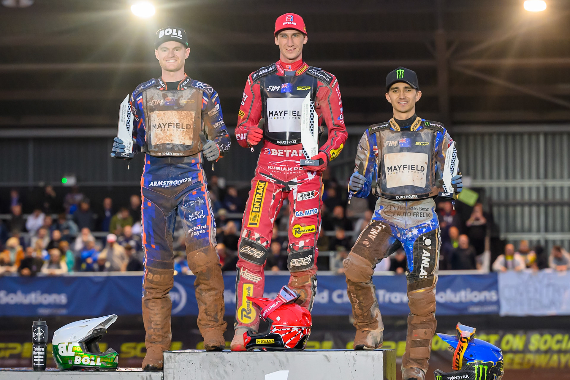 Top3: (L to R) Brady Kurtz (2nd), Max Fricke (Winner), Jack Holder (3rd)   during the ATPI  FIM Speedway GP of Manchester at the National Speedway Stadium, Manchester on Friday 5th June 2026. (Photo: Ian Charles | MI News)