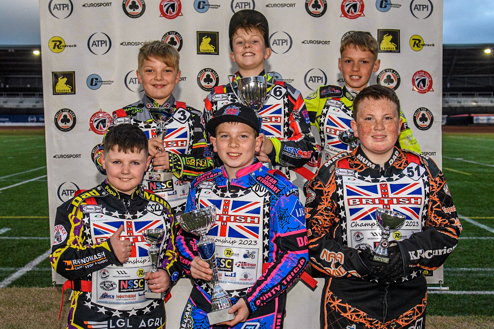All the winners Rear: (l - r) 125cc Winners: Archie Rolph (2nd), Seth Norman  (1st) Oliver Bovington (3rd) Front: Support Class Top 3: (l - r) Lewis Hague (2nd), Rocco Webb (1st) Liam Morris  (3rd) during the British Youth Championships at the National Speedway Stadium, Manchester on Friday 12th May 2023. (Photo: Ian Charles | MI News)