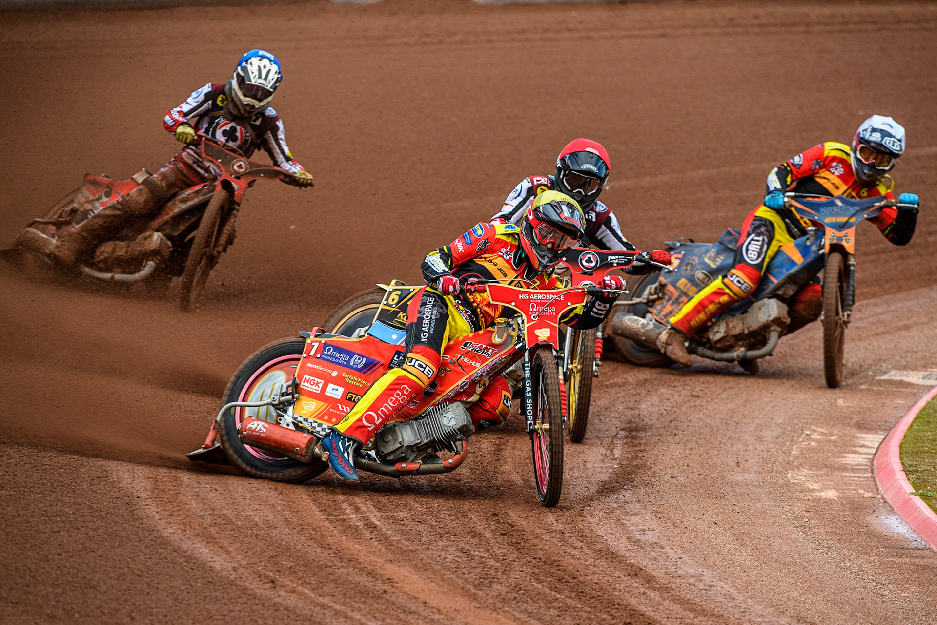 Drew Kemp (Yellow) leads  Norick Blodorn (Red), Jake Allen (White) and Connor Bailey (Blue) during the Sports Insure Premiership match between Belle Vue Aces and Leicester Lions at the National Speedway Stadium, Manchester on Monday 28th August 2023. (Photo: Ian Charles | MI News)