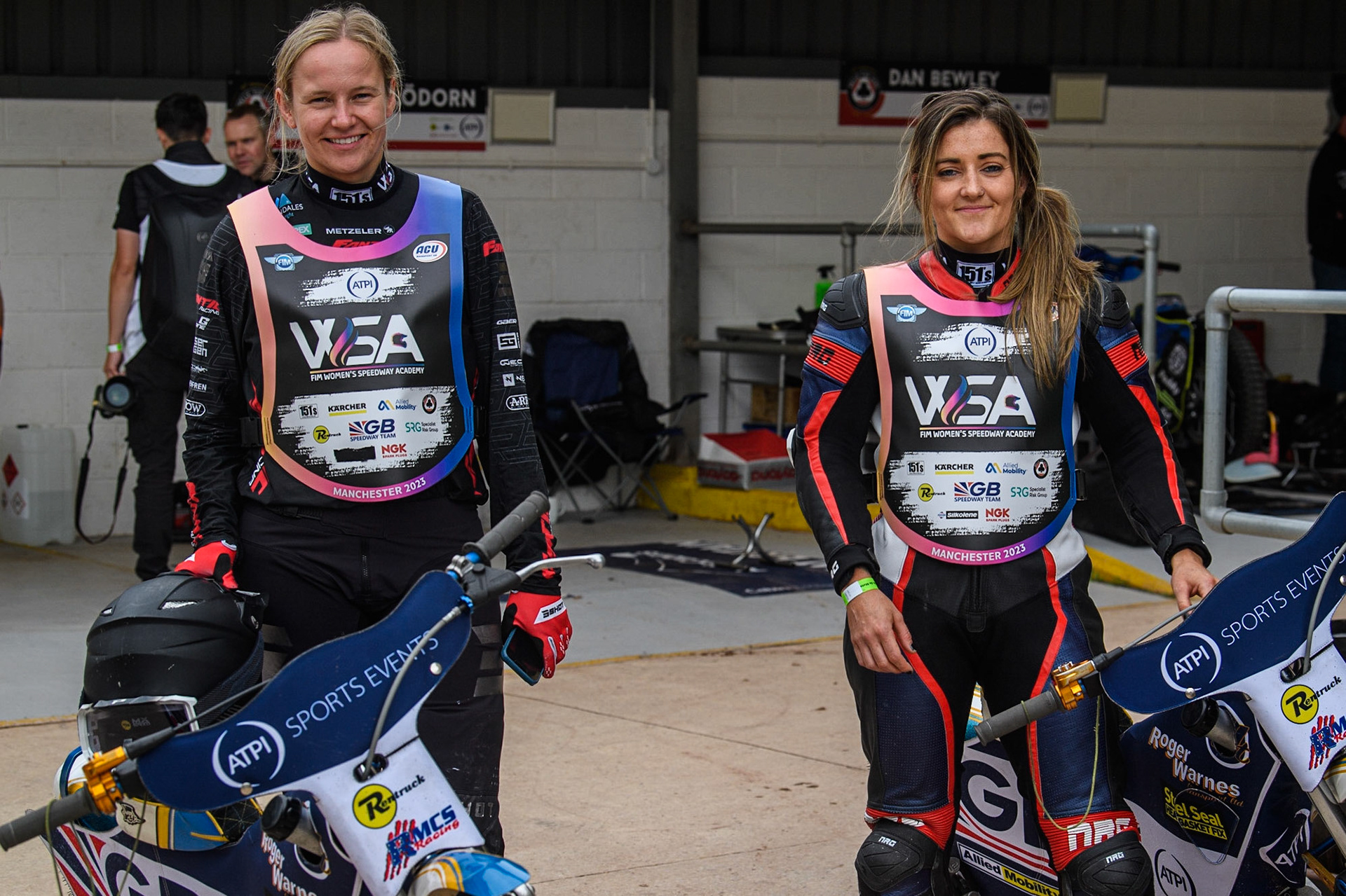 Jane Daniels (left) and Julie Harding during the FIM Women's  Speedway Academy at the National Speedway Stadium, Manchester on Friday 4th August 2023. (Photo: Ian Charles | MI News)