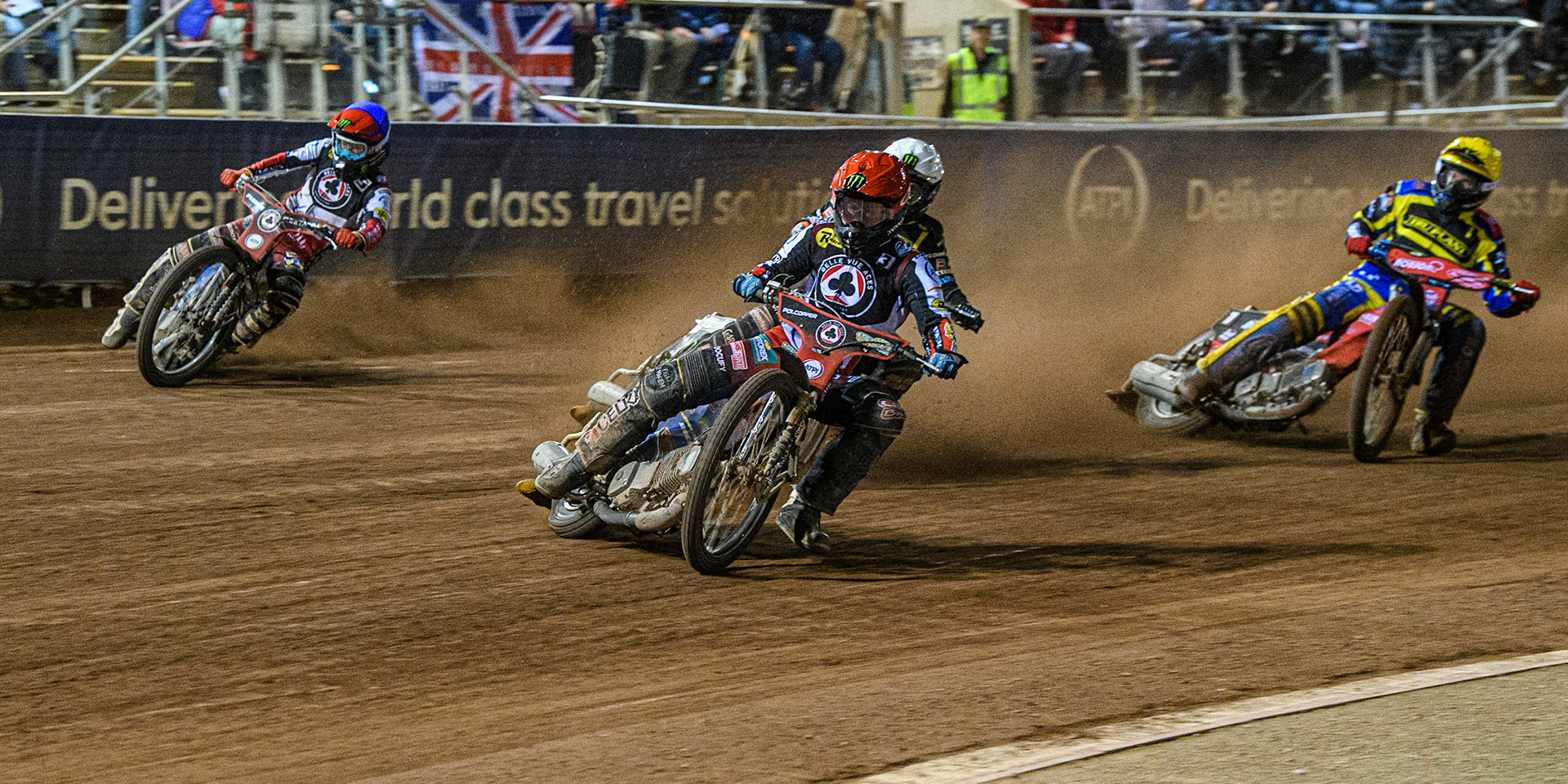 Jaimon Lidsey (Red) leads Tai Woffinden (White), Tobiasz Musielak (Yellow) and Dan Bewley (Blue) during the Sports Insure Premiership match between Belle Vue Aces and Sheffield Tigers at the National Speedway Stadium, Manchester on Monday 7th August 2023. (Photo: Ian Charles | MI News)