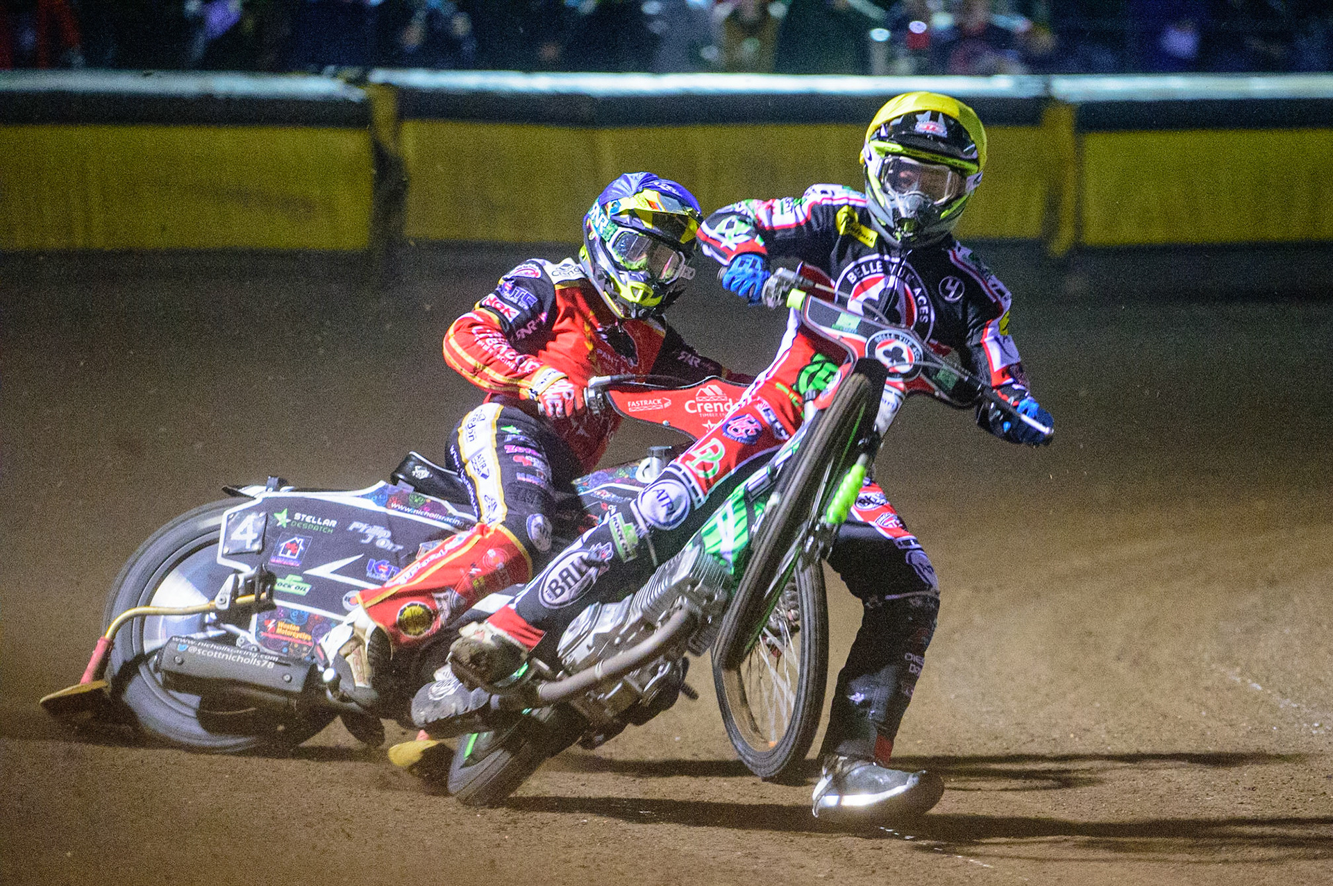 PETERBOROUGH, UK. OCT 14TH Charles Wright  (Yellow) \rears in front of Scott Nicholls  (Blue) during the SGB Premiership Grand Final 2nd leg between Peterborough and Belle Vue Aces at East of England Showground, Peterborough on Thursday 14th October 2021. (Credit: Ian Charles | MI News)