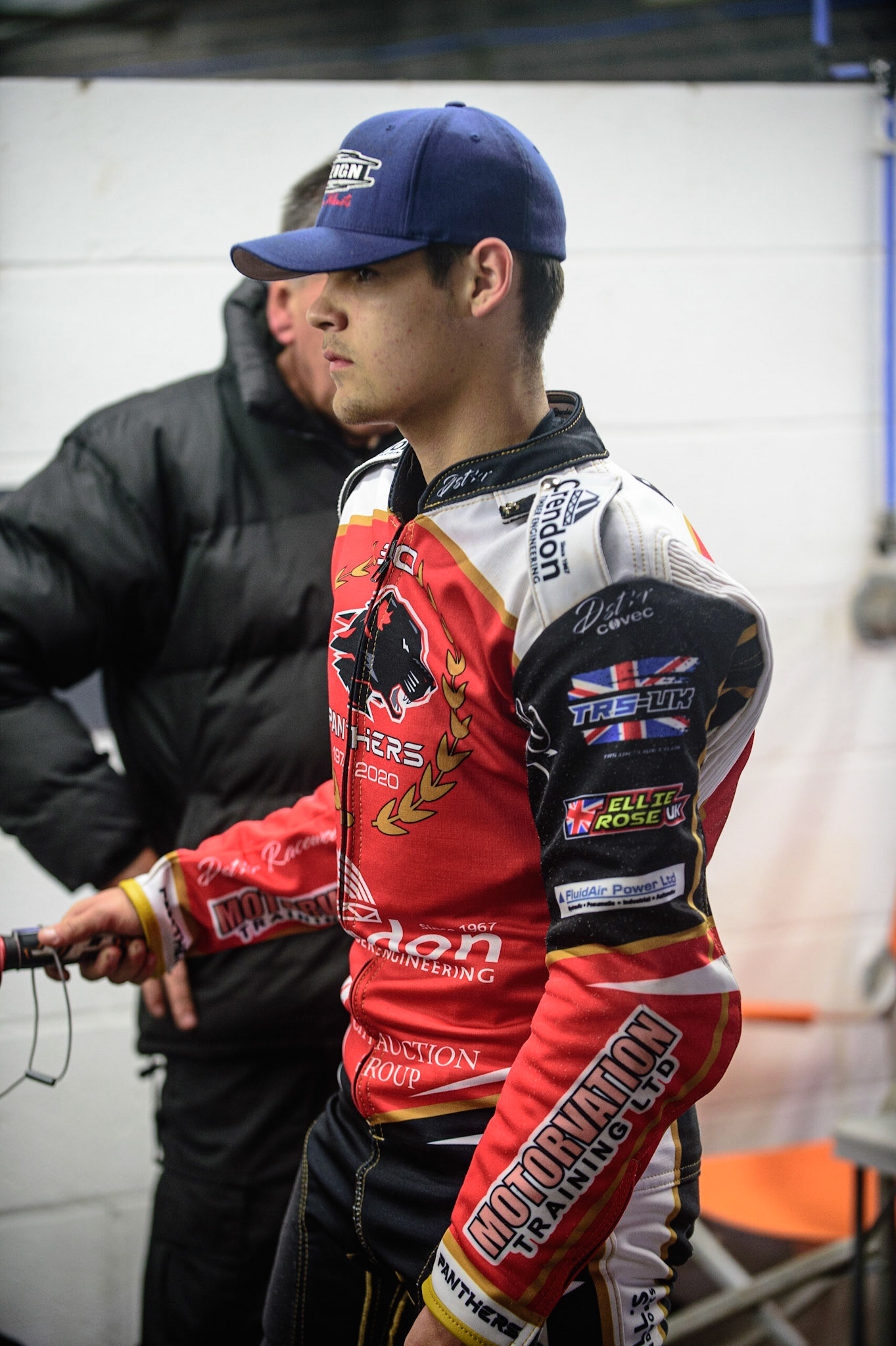MANCHESTER, UK. OCT 11TH  Peterborough Crendon Panthers  Jordan Palin  warms up his bike during the SGB Premiership Grand Final 1st Leg between Belle Vue Aces and Peterborough Panthers at the National Speedway Stadium, Manchester on Monday 11th October 2021. (Credit: Ian Charles | MI News)