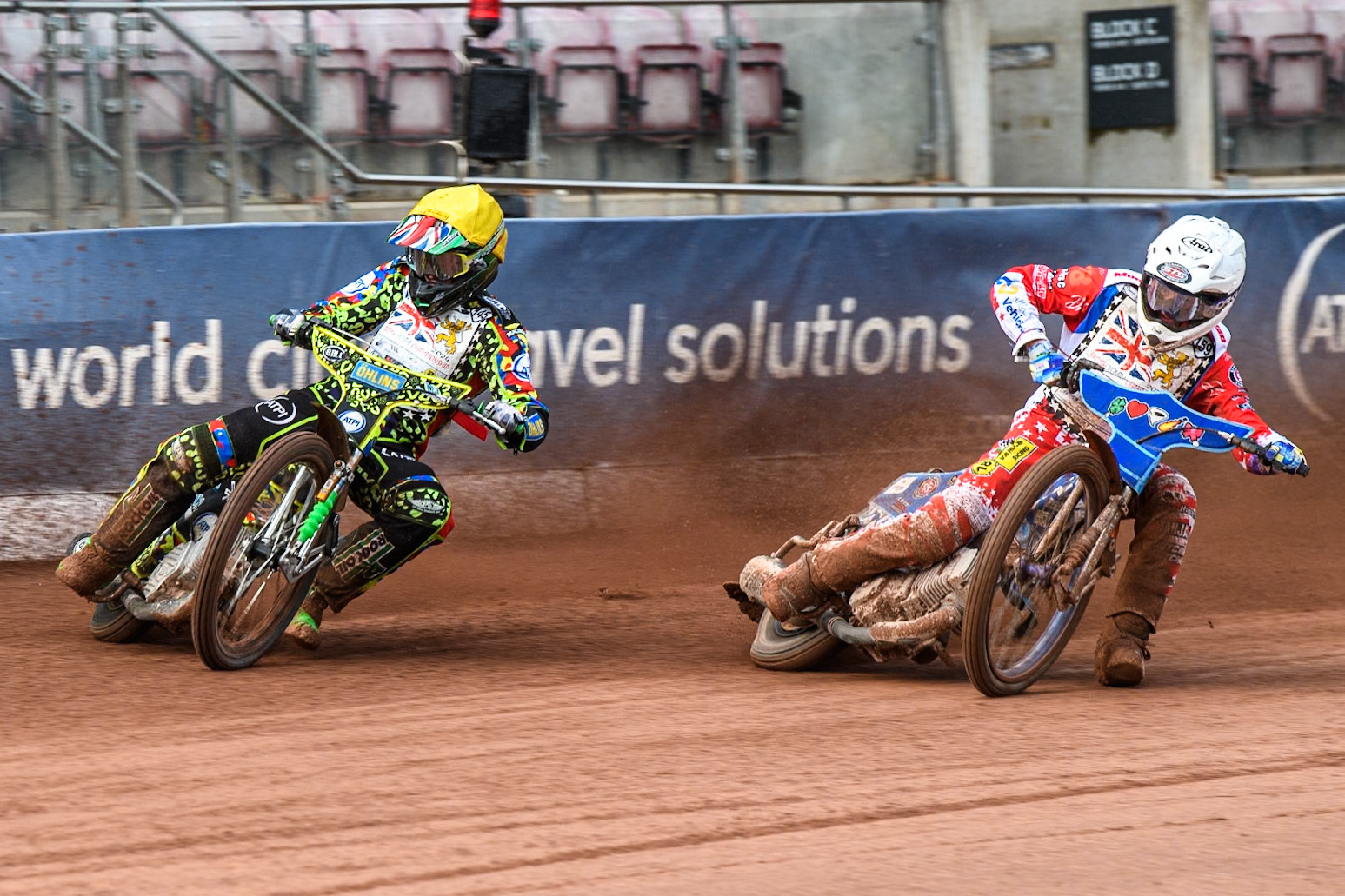 William Cairns (500cc)  in Yellow rides outside Stene Pijper (500cc)  in White during the British Youth 500cc Championships at the National Speedway Stadium, Manchester on Friday 2nd August 2024. (Photo: Ian Charles | MI News)