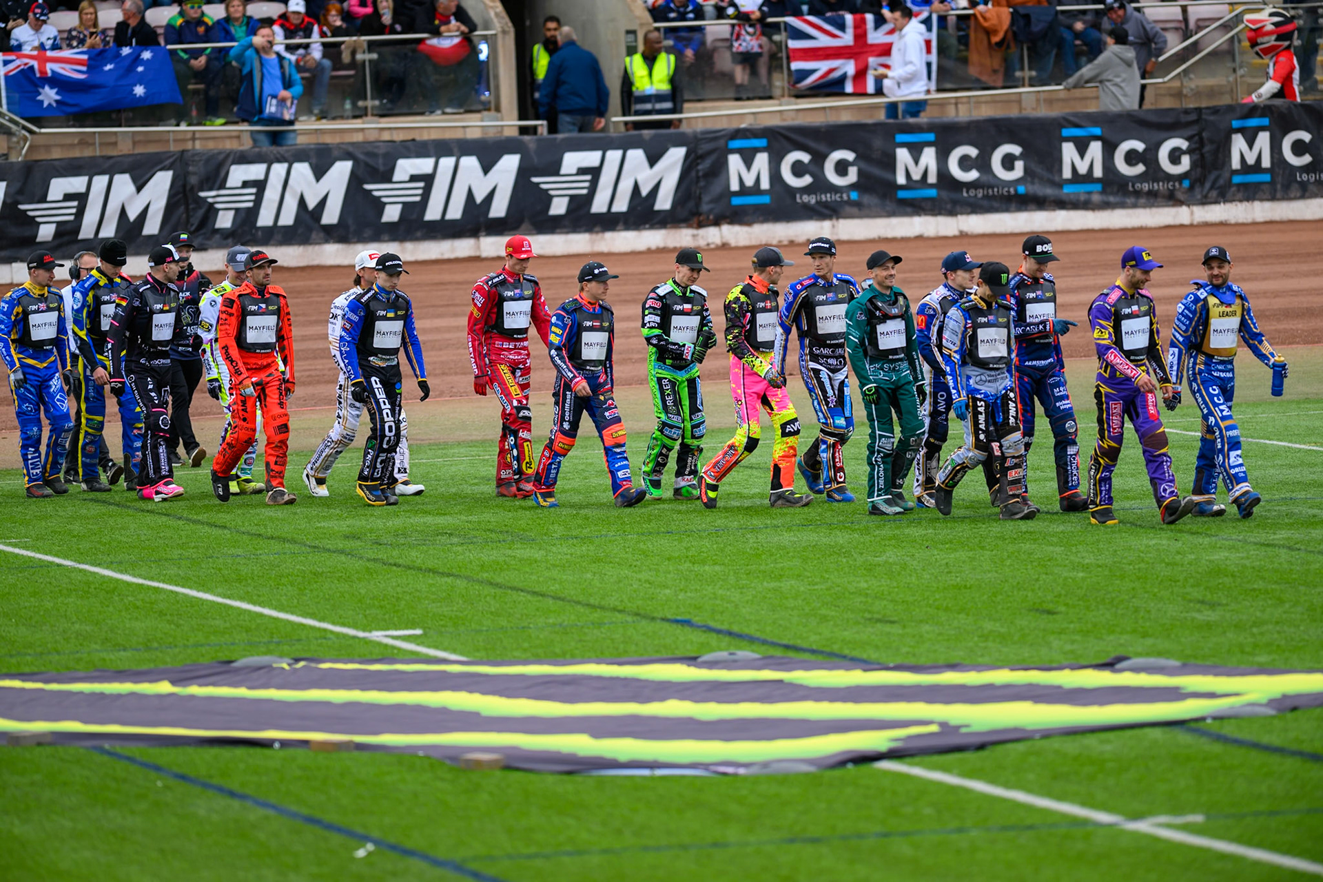 The Riders make their entrance during the ATPI  FIM Speedway GP of Manchester at the National Speedway Stadium, Manchester on Friday 5th June 2026. (Photo: Ian Charles | MI News)