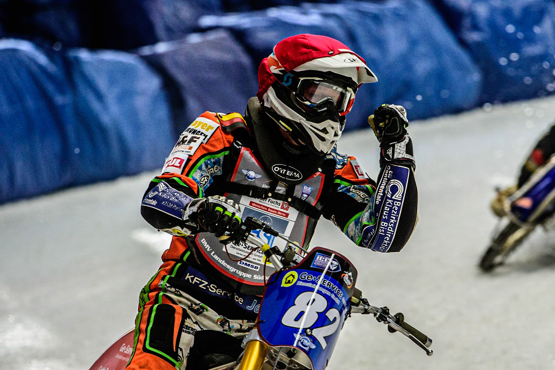 Markus Jell (82) Celebrates his heat win during the Ice Speedway Gladiators World Championship Final 1 at Max-Aicher-Arena, Inzell, Germany on Saturday 18th March 2023. (Photo: Ian Charles | MI News)