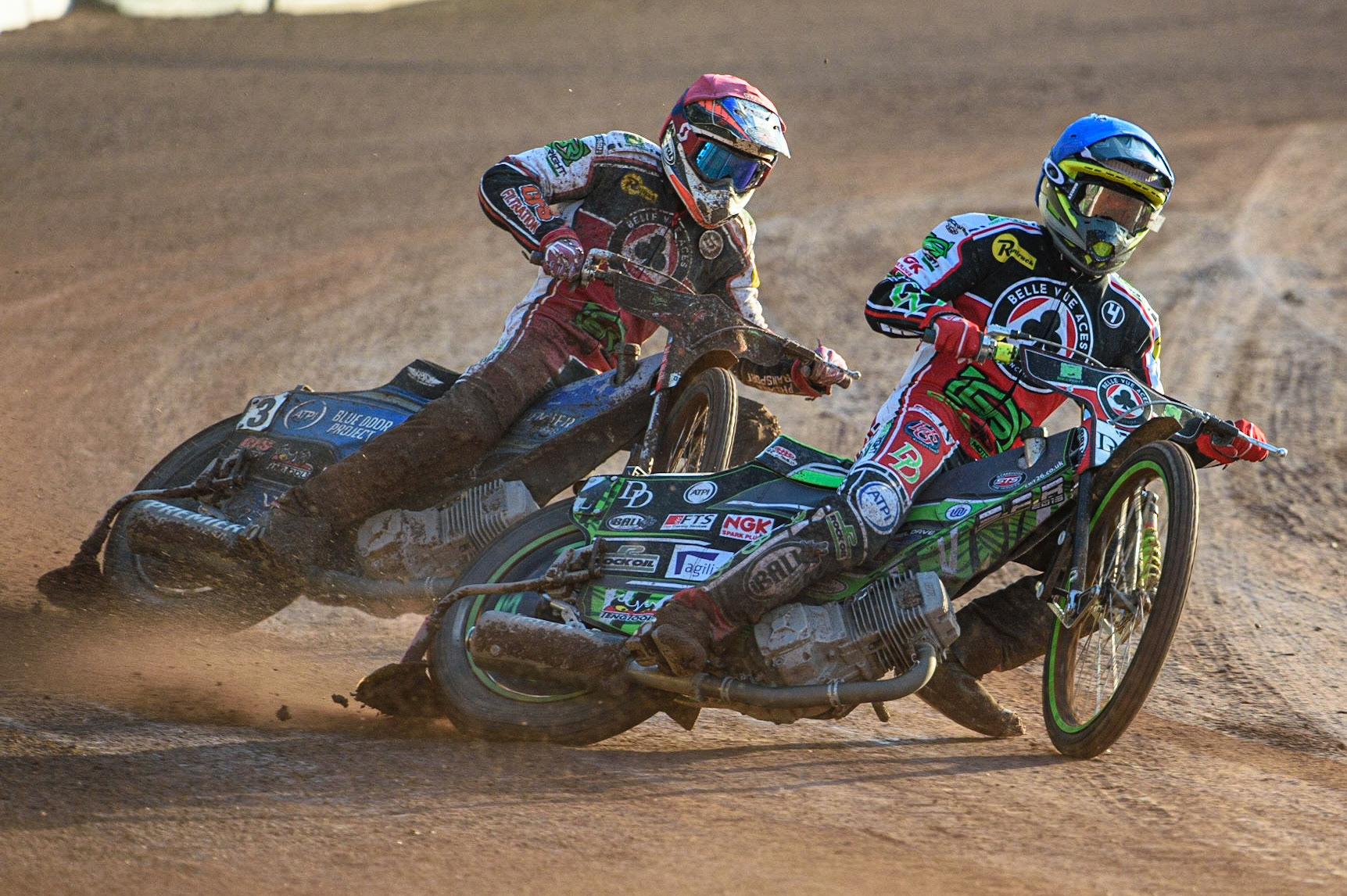 MANCHESTER, UK. JULY 15TH   Charles Wright  (Blue) leads Steve Worrall  (Red) during the SGB Premiership match between Belle Vue Aces and Wolverhampton Wolves at the National Speedway Stadium, Manchester on Thursday 15th July 2021. (Credit: Ian Charles | MI News)