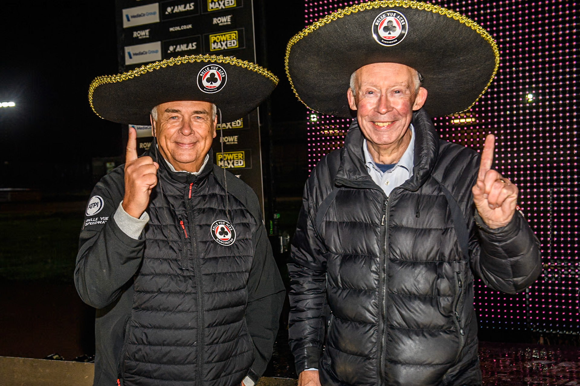 Belle Vue Speedway owners Robin Southwell (Left) and Tony Rice celebrate during the Rowe Motor Oil Premiership Grand Final 2nd Leg between Leicester Lions and Belle Vue Aces at the Pidcock Motorcycles Arena, Leicester on Thursday 26th September 2024. (Photo: Ian Charles | MI News)