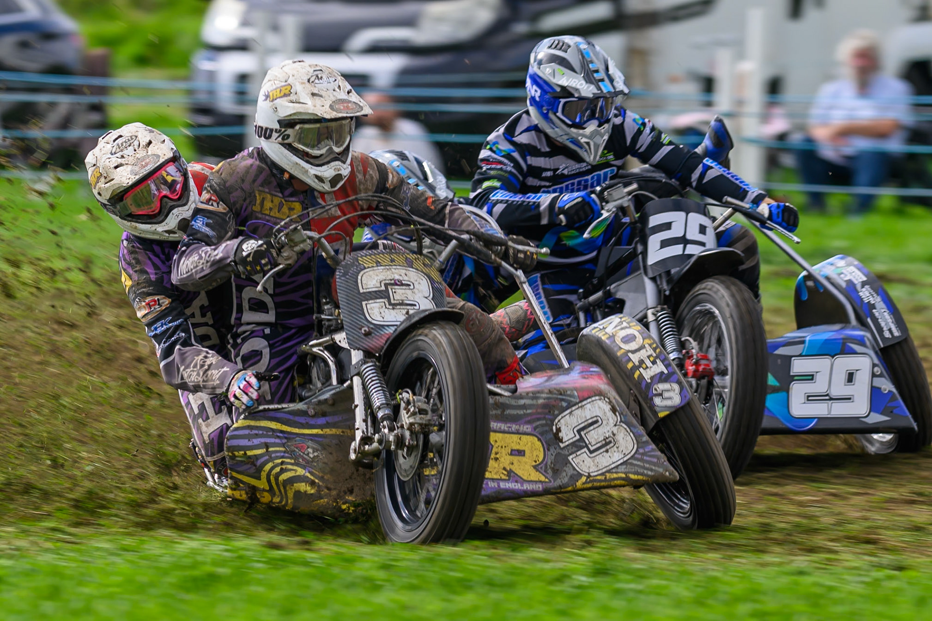 British Masters 1000cc Sidecars: John Hand/Adrian North (3) leading Tom Cossar/Ryan Wharton (29) during the British Masters Grasstrack Championship at Lower Marsh Farm, Much Hoole, Preston in Lancashire, England on Sunday 13th September 2026. (Photo: Ian Charles | MI News)