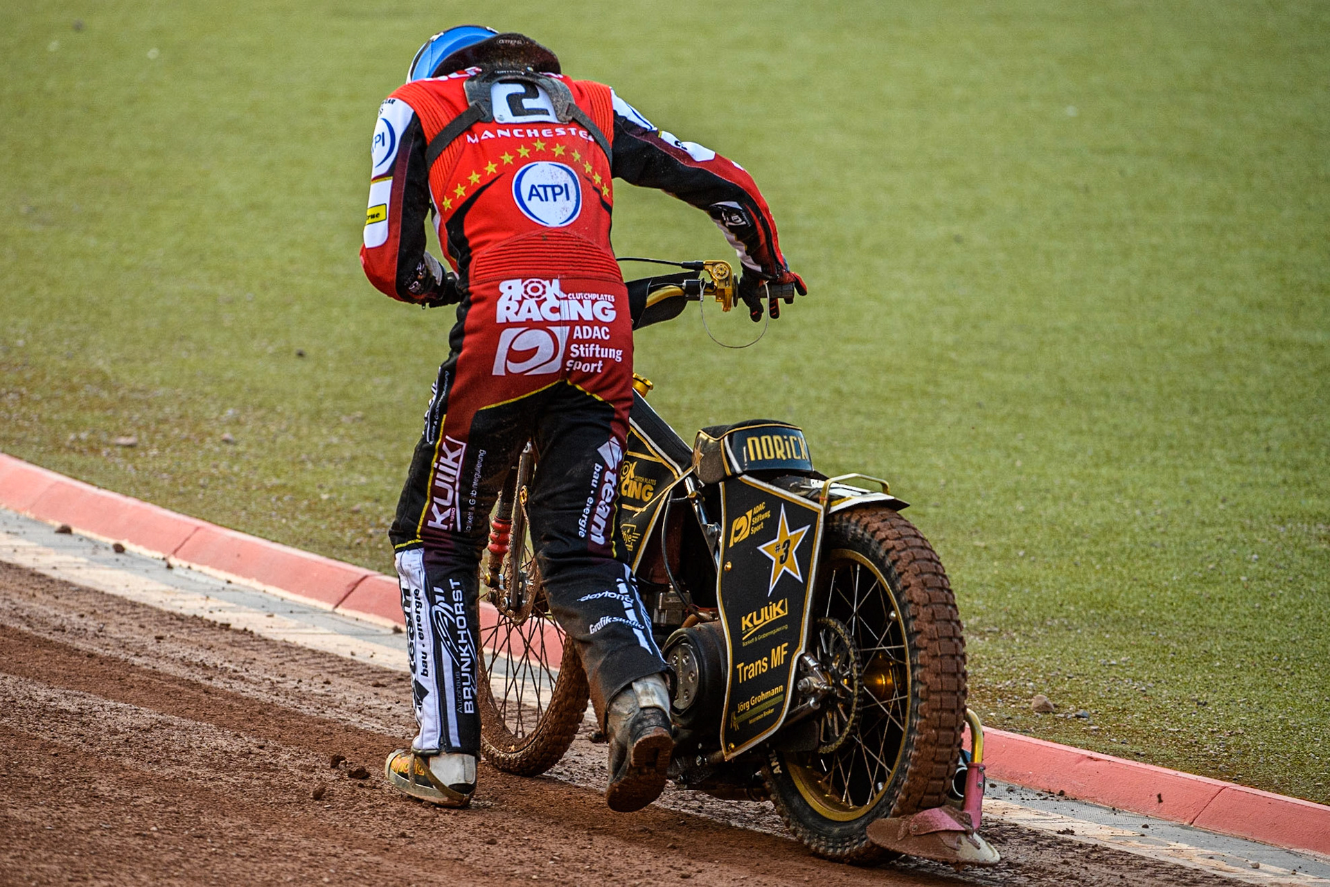 Norick Blodorn  pushes his bike back to the pits after his machine problem during the SGB Premiership match between Belle Vue Aces and Peterborough at the National Speedway Stadium, Manchester on Monday 24th April 2023. (Photo: Ian Charles | MI News)
