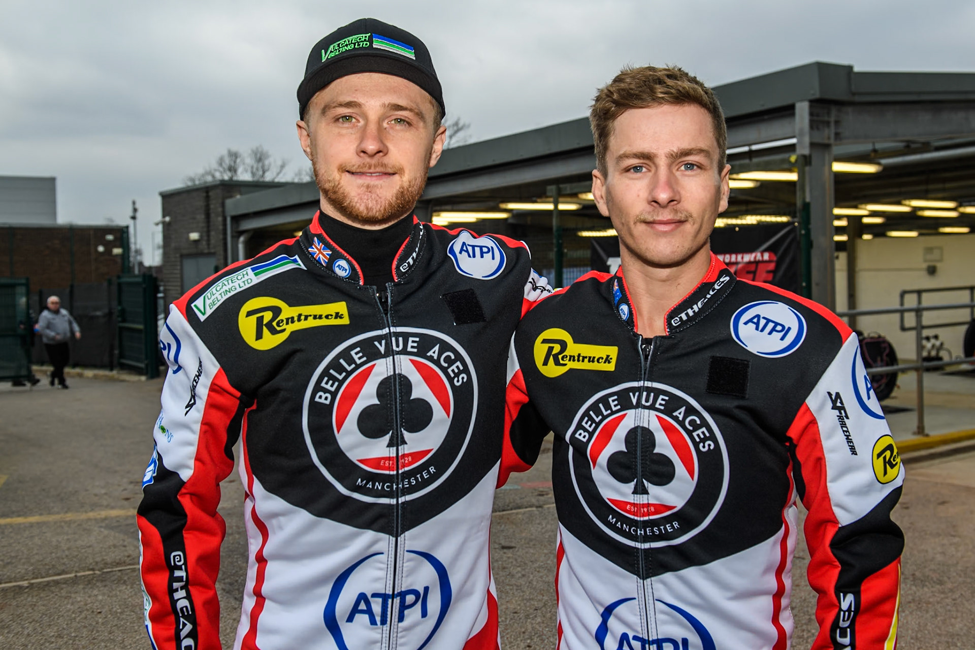 The Belle Vue Aces new boys: Connor Mountain (left) and Ben Cook during the Belle Vue Aces Media Day at the National Speedway Stadium, Manchester on Monday 11th March 2024. (Photo: Ian Charles | MI News)