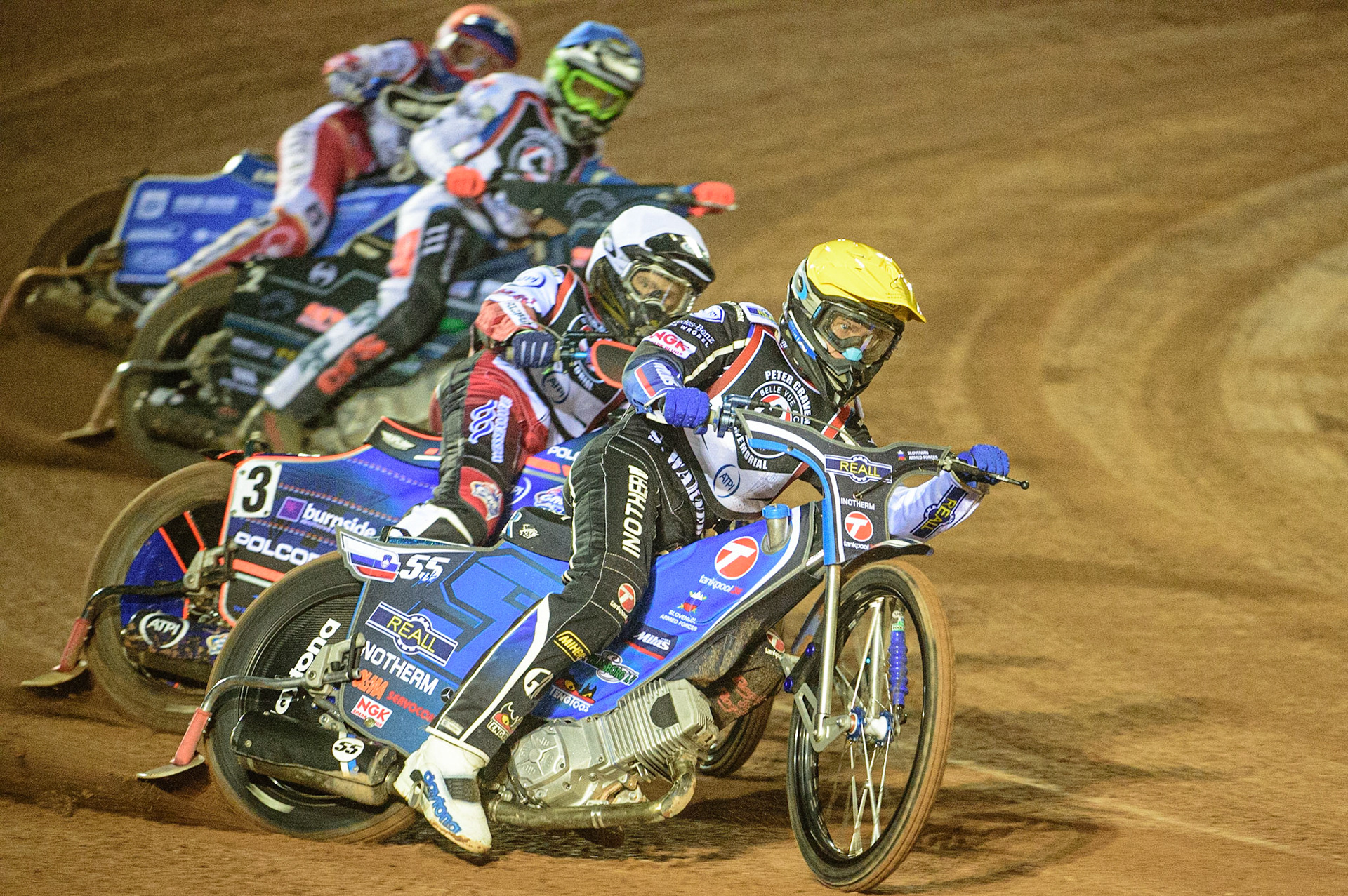 MANCHESTER, UK. MAR 21ST. Matej Žagar  (Yellow) leads Brady Kurtz (White), Adam Ellis  (Yellow) and Tobiasz Musielak (Red) during the ATPI Peter Craven Memorial Trophy at the National Speedway Stadium, Manchester on Monday 21st March 2022. (Credit: Ian Charles | MI News)