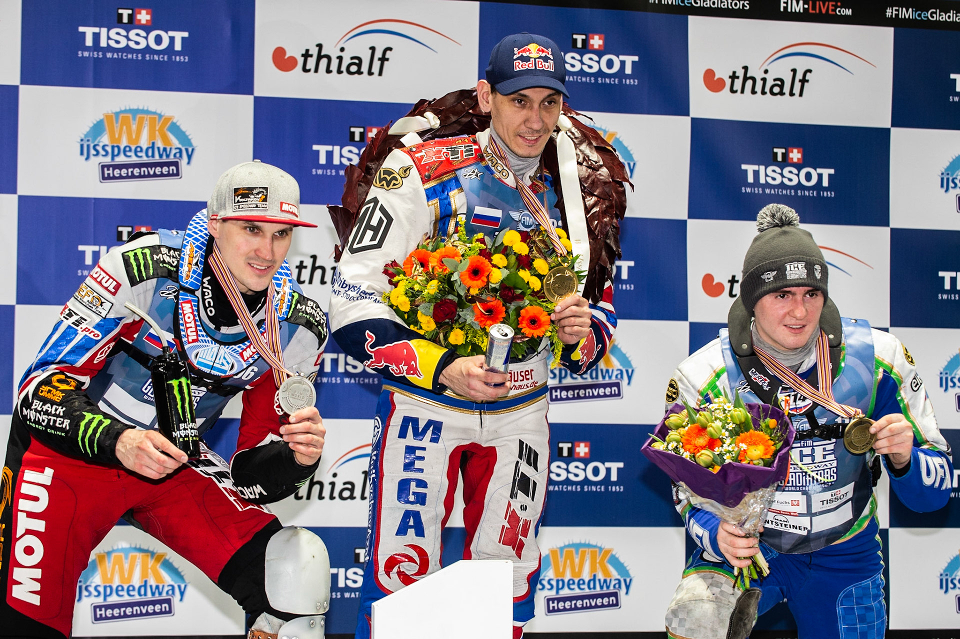 Photo: Ian Charles

The Top 3 Overall: (l-r) Dmitri Koltakov (Silver), Danil Ivanov (Gold), Dinar Valeev (Bronze)

FIM Ice Speedway Gladiators World Championship, Event 5.2, Ice Rink Thialf, Heerenveen, Netherlands Sunday  31  March  2019