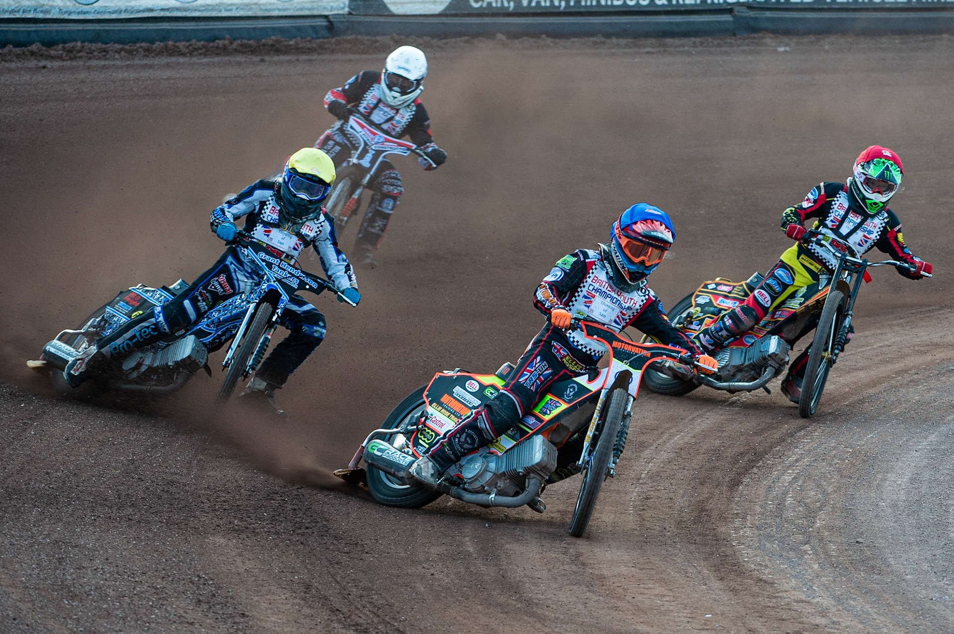 Photo: Ian Charles

Jordan Palin (Blue) leads Harry McGurk (Yellow), Joe Thompson (Red) and Jacob Clayton (White)

Summer Speed Saturday & British Youth Speedway Championship Round 5, National Speedway Stadium, Manchester, Saturday 22 June 2019