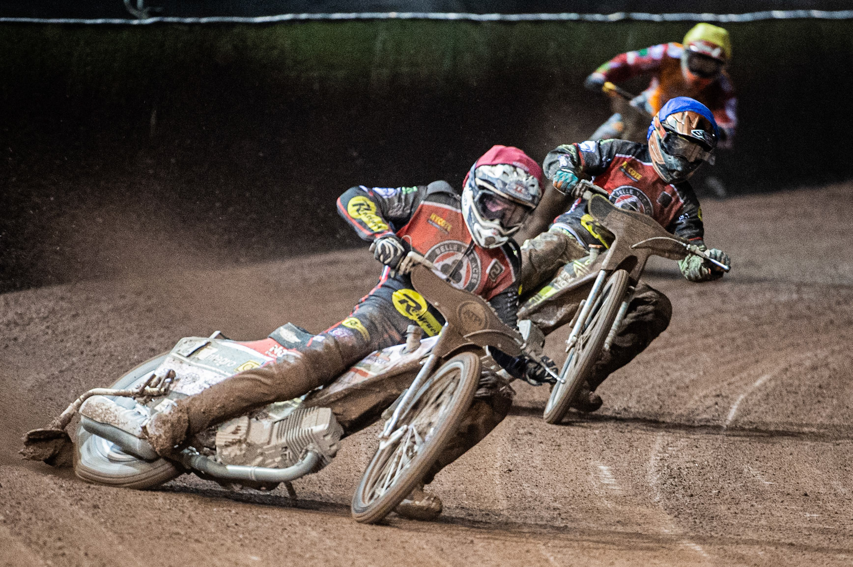 Photo by Ian Charles:

Belle Vue Aces  Steve Worrall  (Red) and Jye Etheridge  (Blue) lead Swindon Robins  Claus Vissing (Yellow)

Belle Vue Aces v Swindon Robins, Supporters Cup Final 1st Leg, National Speedway Stadium, Manchester, Thursday, 12, September, 2019