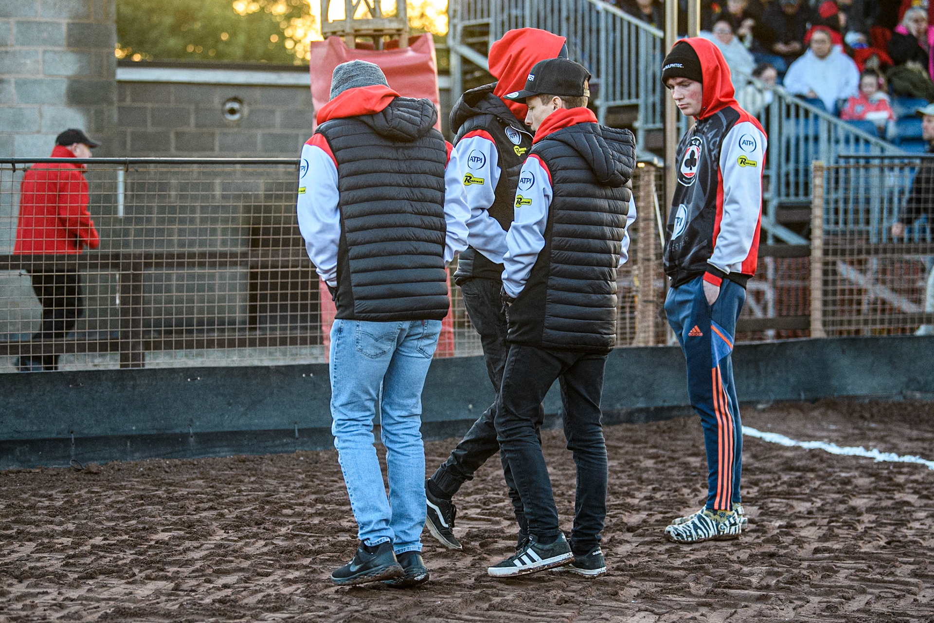 Belle Vue ATPI Aces riders on their track walk during the Rowe Motor Oil Premiership Grand Final 2nd Leg between Leicester Lions and Belle Vue Aces at the Pidcock Motorcycles Arena, Leicester on Thursday 26th September 2024. (Photo: Ian Charles | MI News)