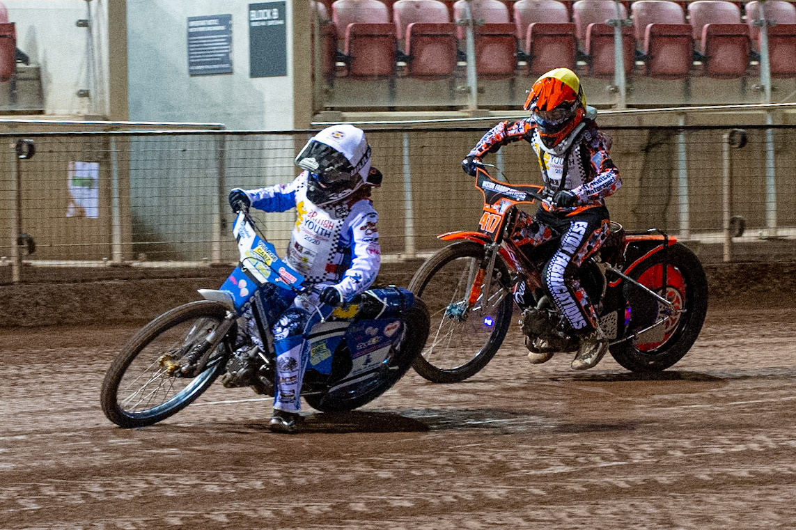 Photo: Ian CharlesCaydin Martin (White) leads Becky Weston (Yellow)(125cc B Class)British Youth Speedway Championship (Round 5), National Speedway Stadium, Manchester Saturday  10  October  2020
