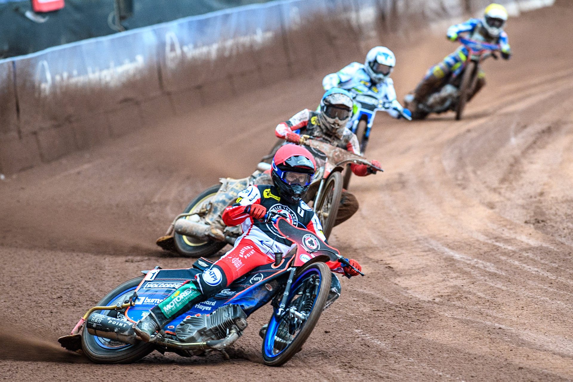 Belle Vue Aces' Brady Kurtz  in Red leading Belle Vue Aces' Norick Blodorn  in Blue, Oxford Spires' Chris Harris   in White and Oxford Spires' Luke Killeen  in Yellow during the Rowe Motor Oil Premiership match between Belle Vue Aces and Oxford Spires at the National Speedway Stadium, Manchester on Monday 22nd July 2024. (Photo: Ian Charles | MI News)