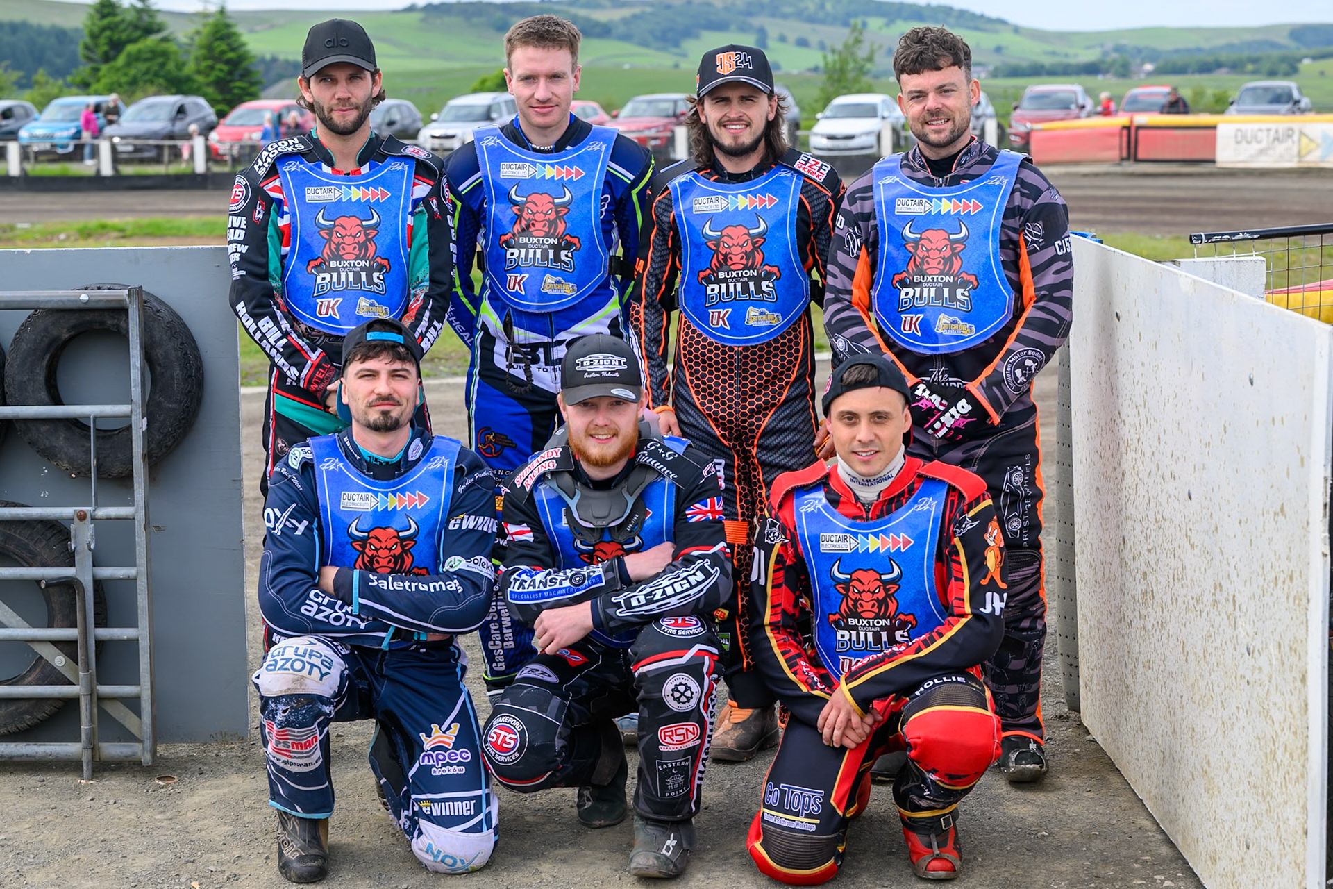 Buxton Bulls: Rear: (L to R) Alfie Bowtell, Arran Butcher , Jack Smith, Jack Roberts. Kneeling: (L to R) Ryan Ashcroft, Jack Shimelt, Luke Harris during the WSRA National Development League match between Buxton Bulls and Edinburgh Monarchs Academy at Hi-Edge Speedway, Buxton on Sunday 14th June 2026. (Photo: Ian Charles | MI News)