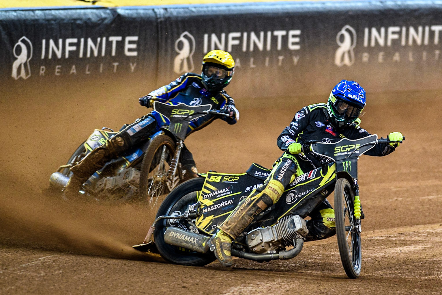 Martin Vaculik (54) (Blue) inside Jason Doyle (69) (Yellow) during the FIM Speedway Grand Prix of Great Britain at the Principality Stadium, Cardiff on Saturday 2nd September 2023. (Photo: Ian Charles | MI News)