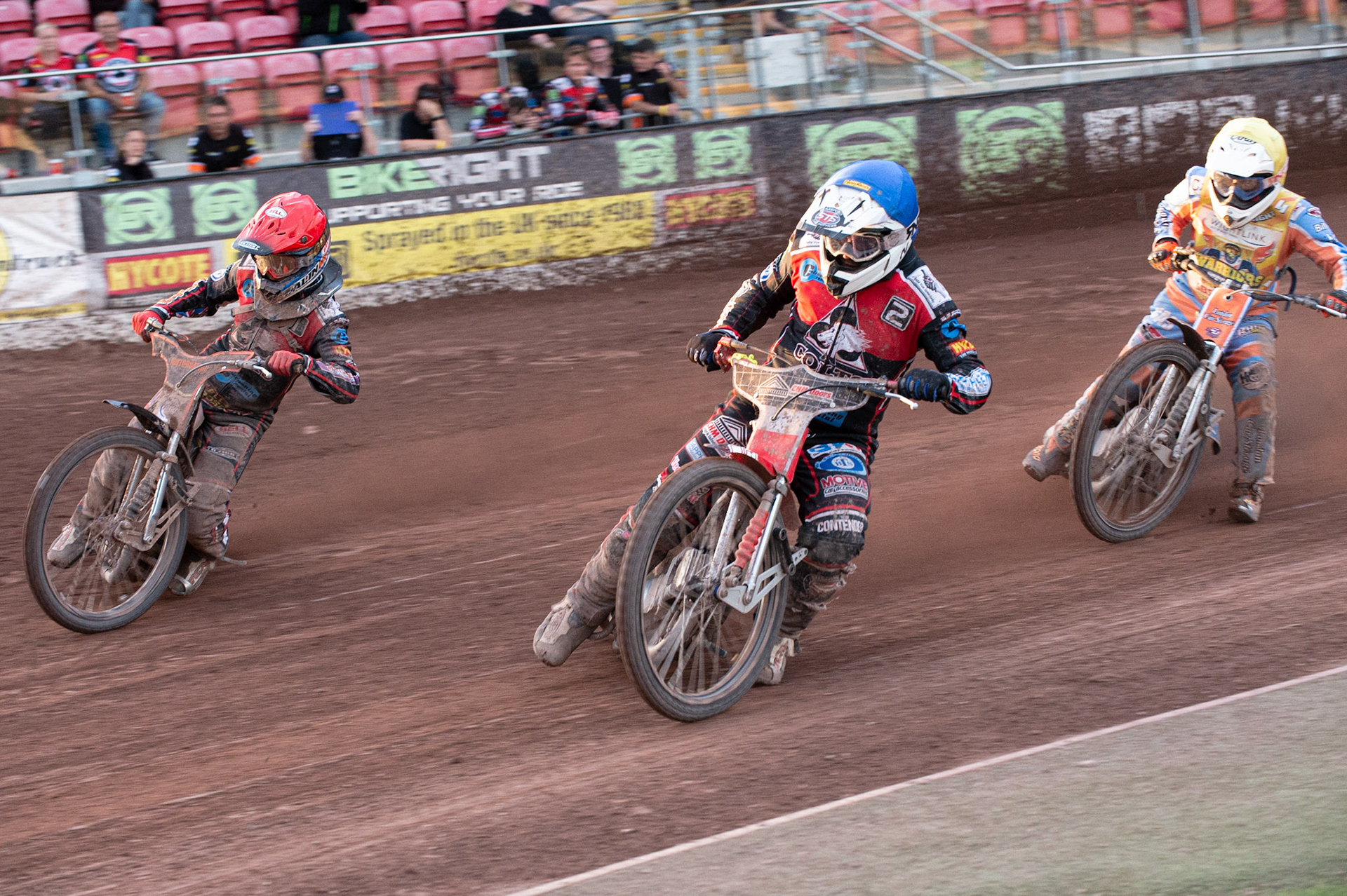Photo: Ian Charles

Danny Phillips  (Blue) and Jordan Palin  (Red) lead Danno Verge  (Yellow)

Belle Vue Colts v Isle Of Wight Warriors, SGB National League KO Cup Quarter Final 1st Leg, Belle Vue National Speedway Stadium, Manchester, Monday 22  July  2019