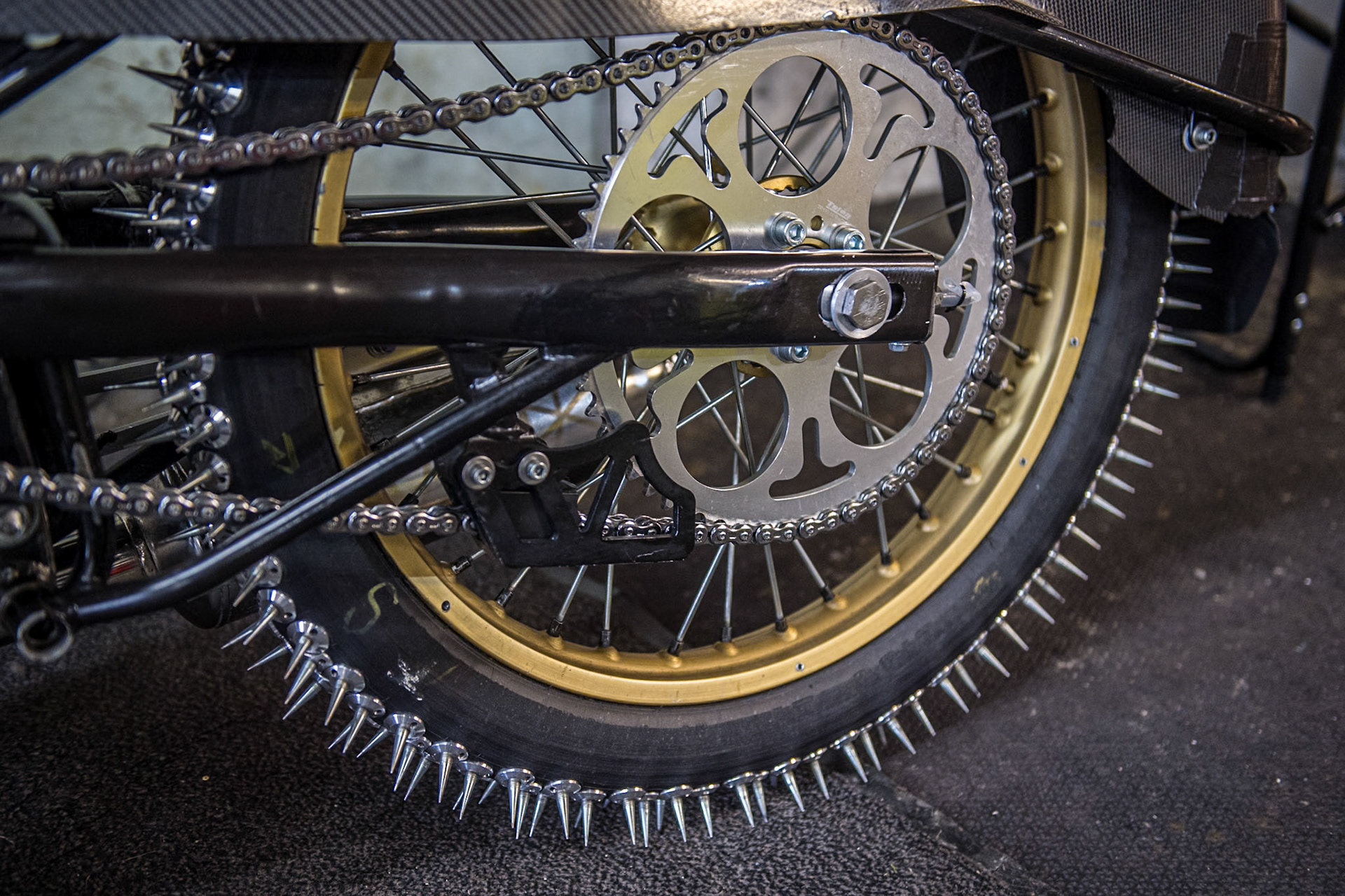 Spikes on a, Ice Speedway Bike wheel during the Ice Speedway Gladiators World Championship Final 2 at Max-Aicher-Arena, Inzell on Sunday 16th March 2025. (Photo: Ian Charles | MI News)