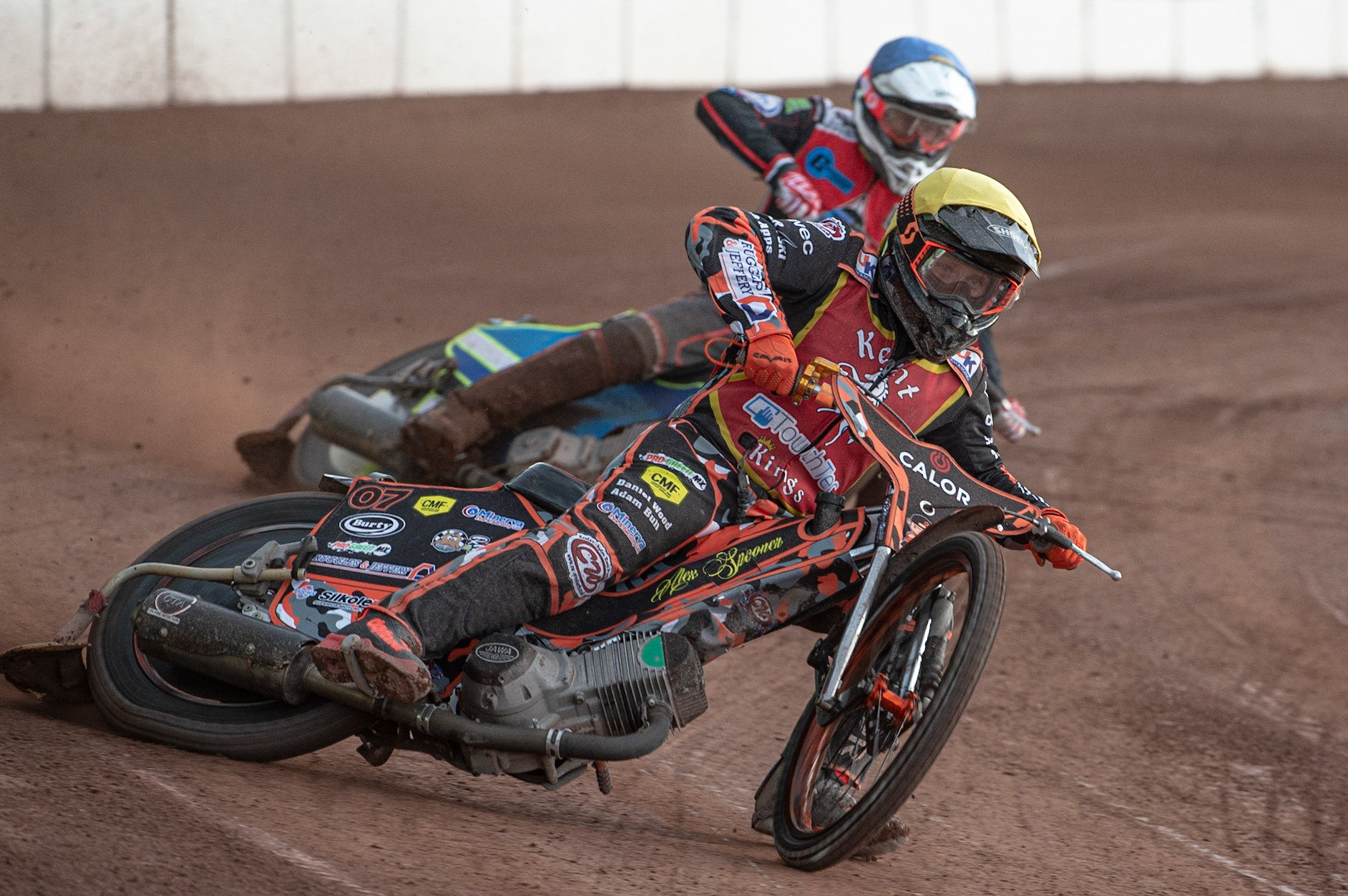 Photo: Ian Charles

Alex Spooner  (Yellow) leads Ben Rathbone  (Blue)

Belle Vue Colts v Kent Kings, SGB National League KO Cup Quarter Final 1st Leg, Belle Vue National Speedway Stadium, Manchester, Thursday 20  June  2019