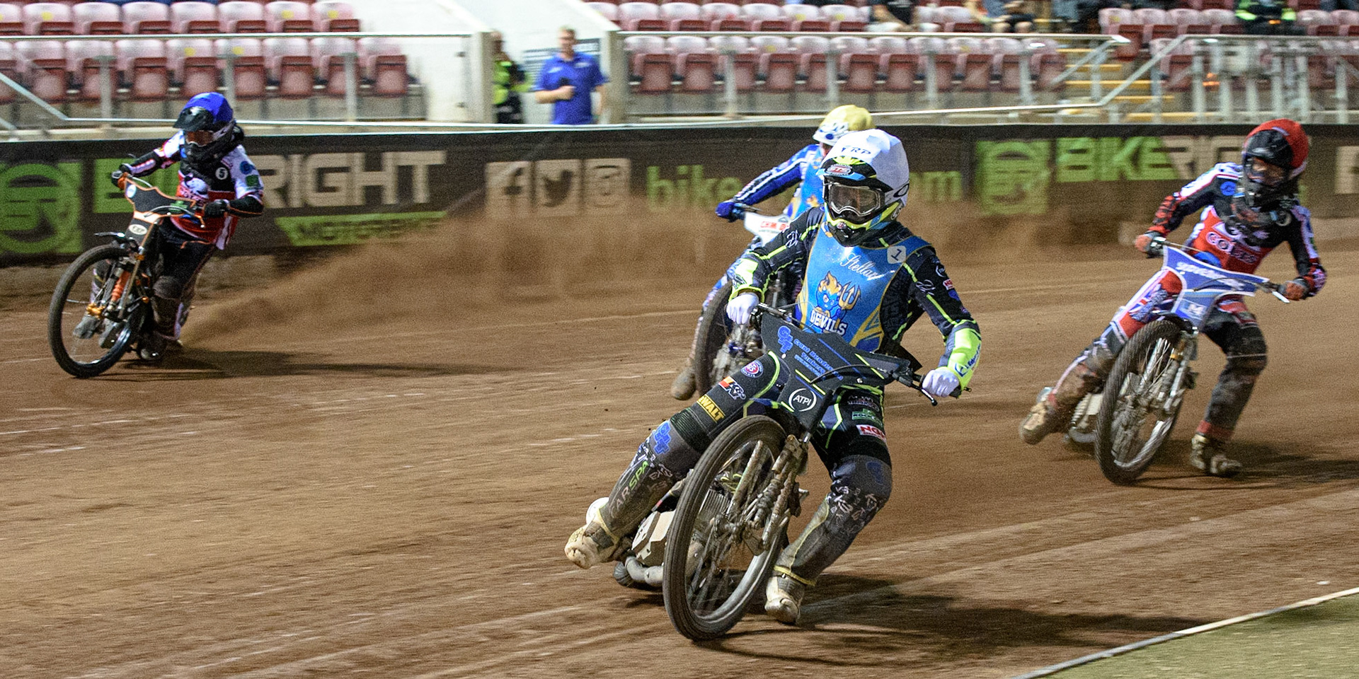 MANCHESTER, UK. AUGUST 20TH Kyle Bickley  (White) \lk\ Danny Phillips  (Yellow) with Jack Smith  (Blue) and Harry McGurk  (Red) behind during the National Development League match between Belle Vue Aces and Armadale Devils at the National Speedway Stadium, Manchester on Friday 20th August 2021. (Credit: Ian Charles | MI News)