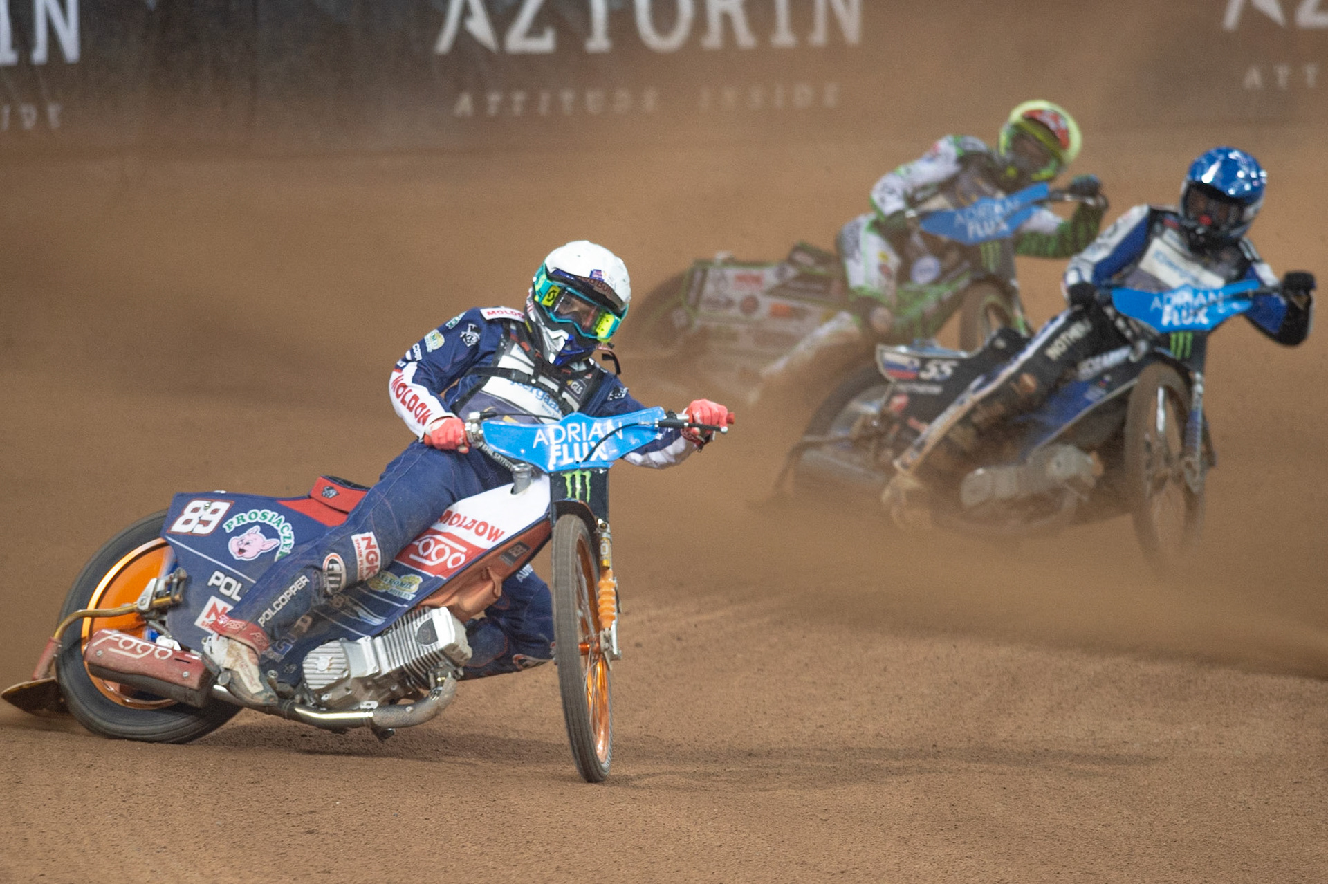CARDIFF,WALES  Emil Saijfutdinov (White) leads Matej Zagar (Blue) and Charles Wright (Yellow) during the ADRIAN FLUX BRITISH FIM SPEEDWAY GRAND PRIX at the Principality Stadium, Cardiff on Saturday 21st September 2019. (Credit: Ian Charles | MI News)