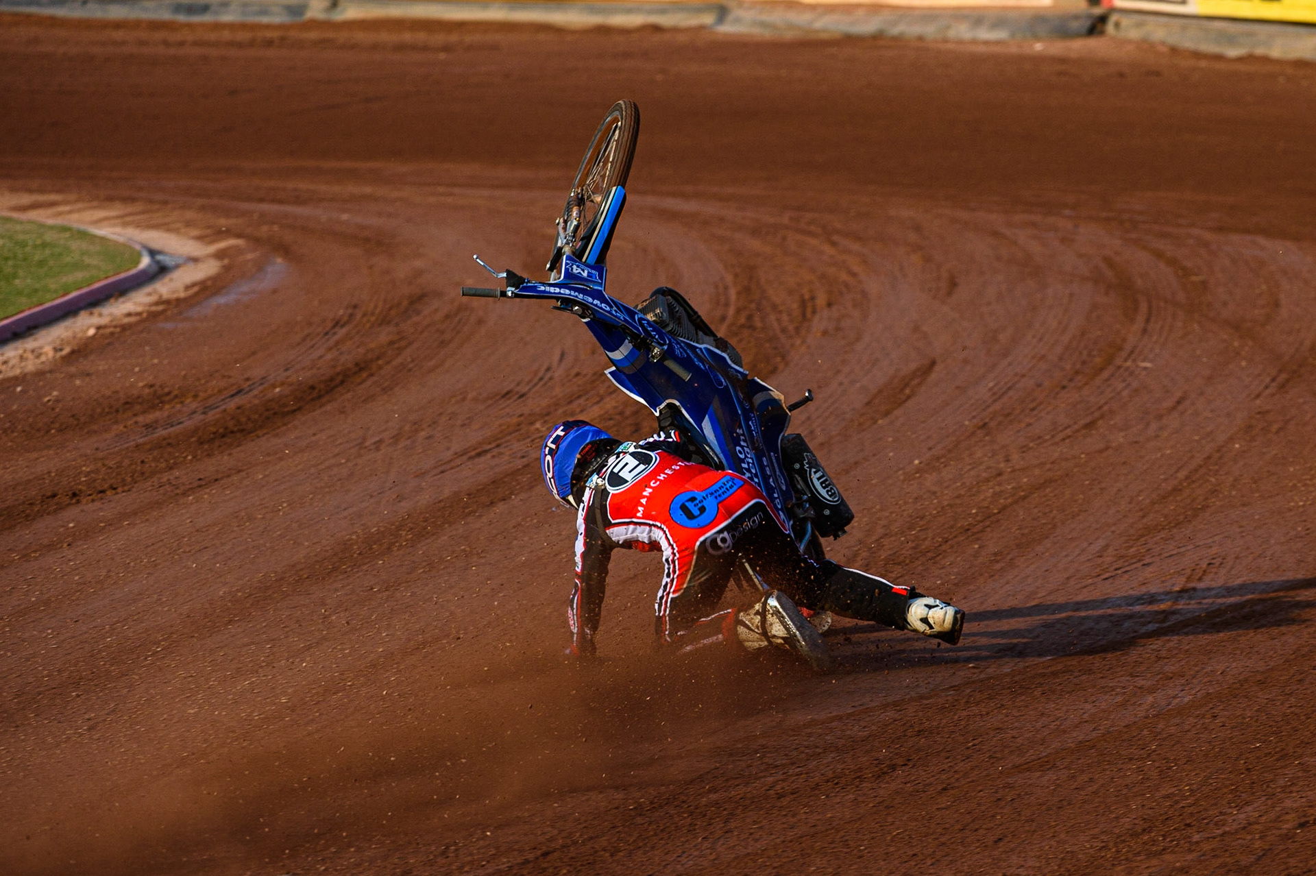MANCHESTER, UK. JULY 23RD Harry McGurk  \loses control of his machine on the back straight during the National Development League match between Belle Vue Colts and Eastbourne Seagulls at the National Speedway Stadium, Manchester on Friday 23rd July 2021. (Credit: Ian Charles | MI News)