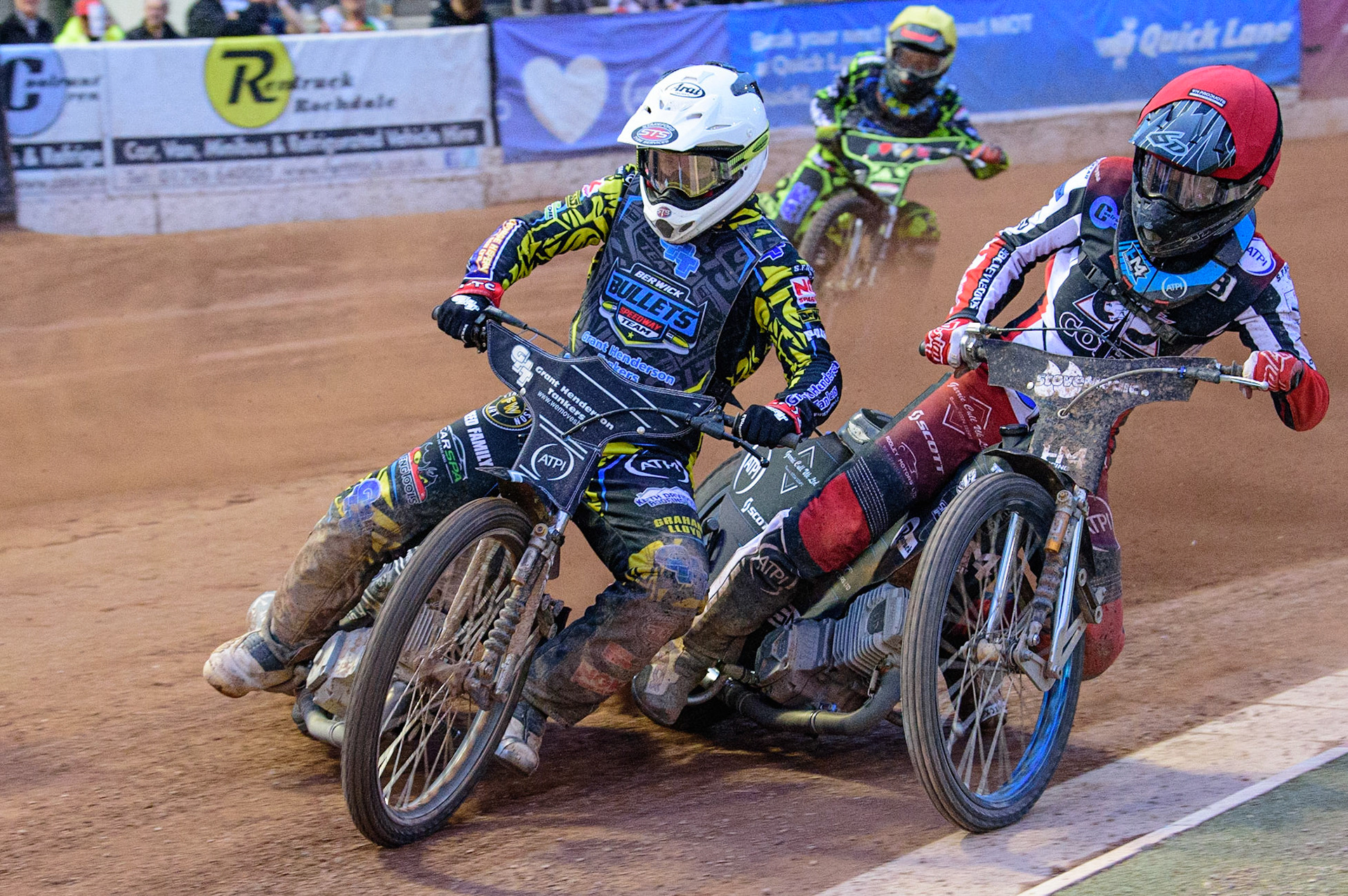 MANCHESTER, UK. JUN 24TH  Kyle Bickley  (White) leads’ Harry McGurk  (Red) with Ace Pijper  (Yellow) behind during the National Development League match between Belle Vue Colts and Berwick Bullets at the National Speedway Stadium, Manchester on Friday 24th June 2022. (Credit: Ian Charles | MI News)