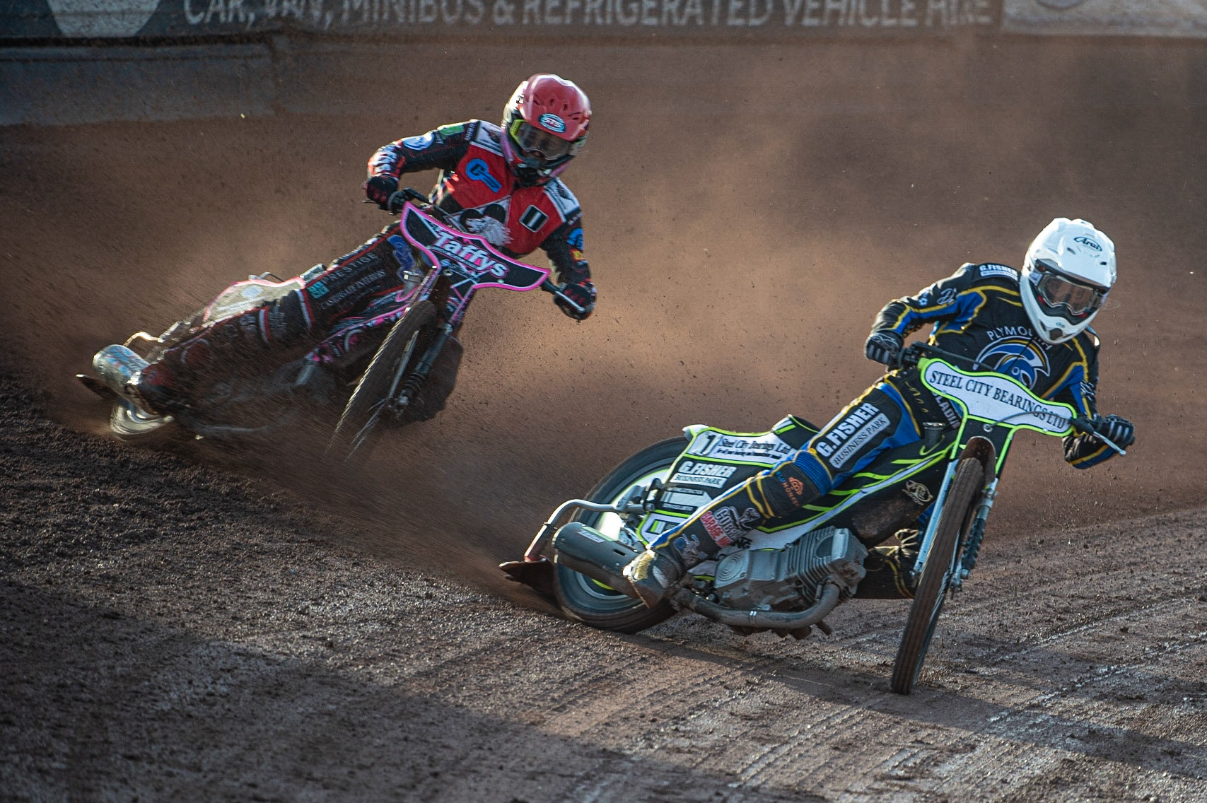 Photo: Ian Charles

Ben Wilson  (White) leads Leon Flint  (Red)

Belle Vue Colts v Plymouth Gladiators National League, Belle Vue National Speedway Stadium, Manchester, Thursday 23  May  2019