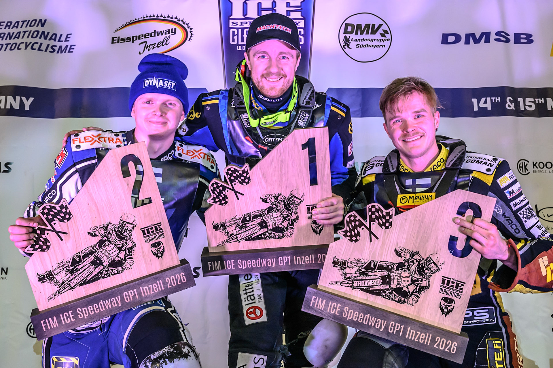 Final 1 Top 3; (L to R) Max Koivula (24) of Finland (2nd), Martin Haarahiltunen (199) of Sweden (Winner), Heikki Huusko (67) of Finland (3rd) during the Ice Speedway Gladiators World Championship Final 1 at Max-Aicher-Arena, Inzell on Saturday 14th March 2026. (Photo: Ian Charles | MI News)