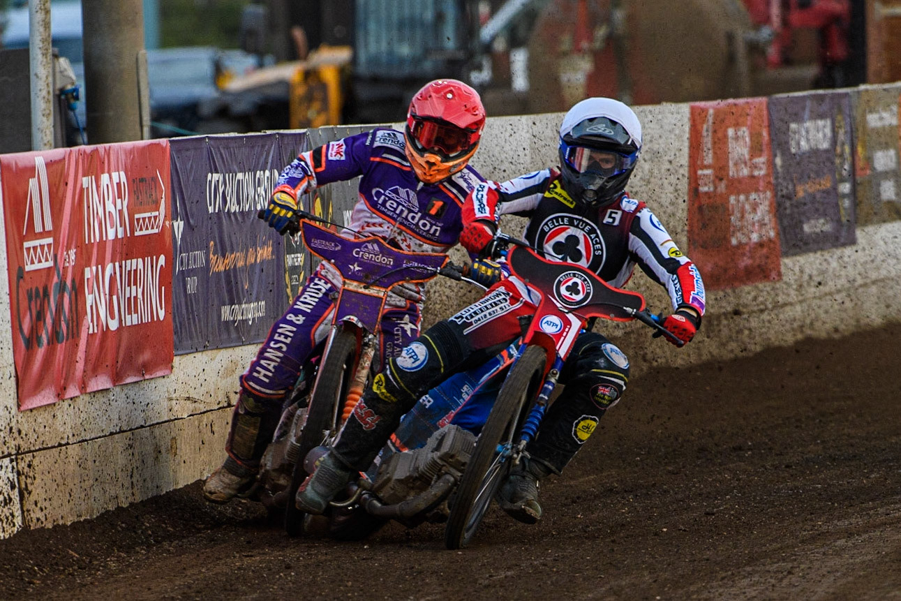 Brady Kurtz (White) forces his way past Niels-Kristian Iversen (Red) during the Sports Insure Premiership match between Peterborough and Belle Vue Aces at East of England Showground, Peterborough on Monday 26th June 2023. (Photo: Ian Charles | MI News)