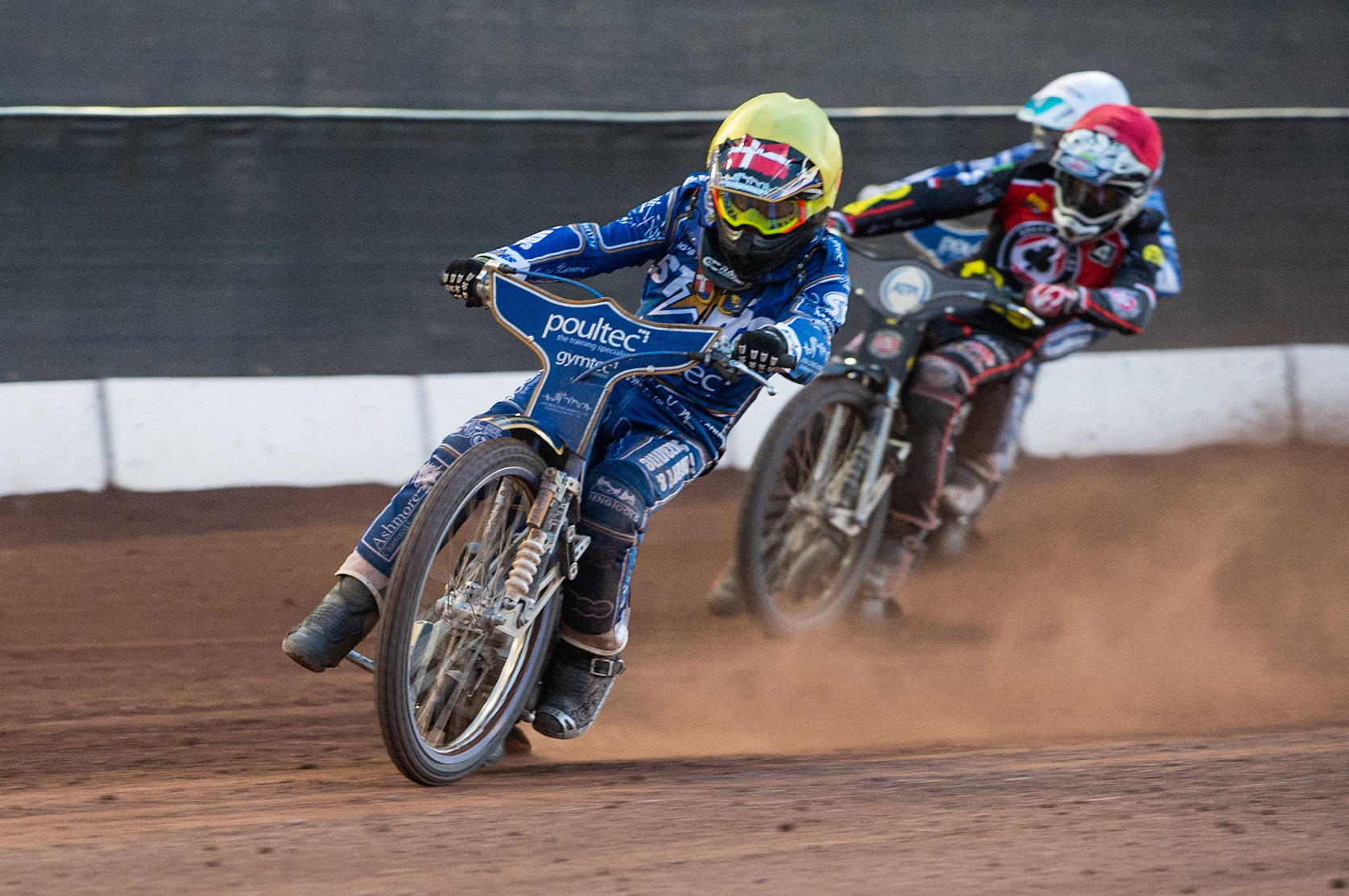 Photo: Ian Charles

Michael Palm Toft  (Yellow) leads ​Steve Worrall​​  (Red) and ​Erik Riss​​  (White)

Belle Vue Aces v Kings Lynn Stars, British Speedway Premiership, Belle Vue National Speedway Stadium, Manchester, Thursday 16  May  2019