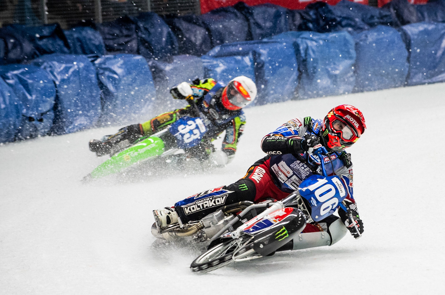 Photo: Ian Charles

Dmitri Koltakov (106) leads Johann Weber (33) 

FIM Ice Speedway Gladiators World Championship, Event 4.1, Max-Aicher-Arena, Inzell, Germany, Saturday 16 March 2019