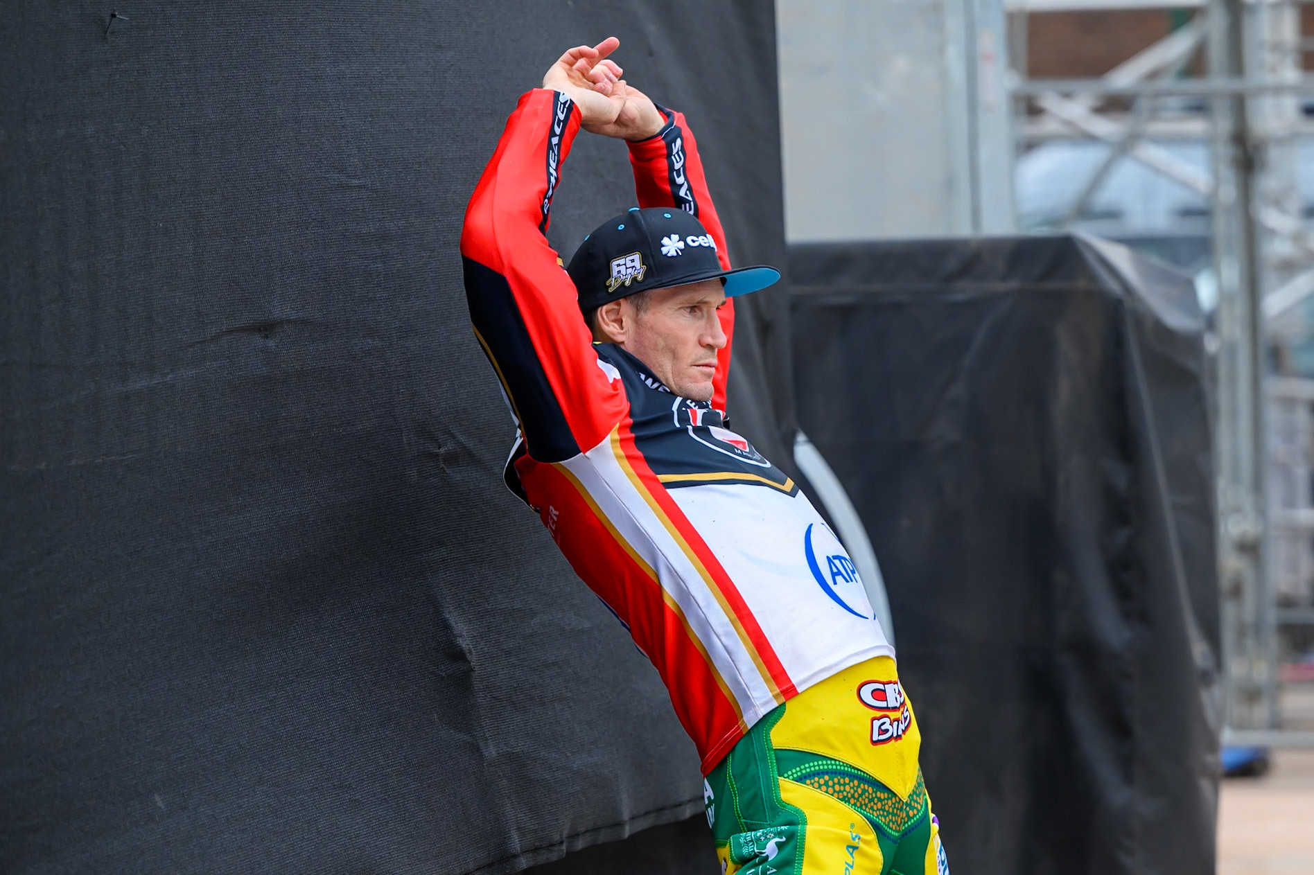 Jason Doyle of Belle Vue Aces  warms up with some stretching exercises during the Rowe Motor Oil Premiership match between Belle Vue Aces and Leicester Lions at the National Speedway Stadium, Manchester on Monday 15th June 2026. (Photo: Ian Charles | MI News)