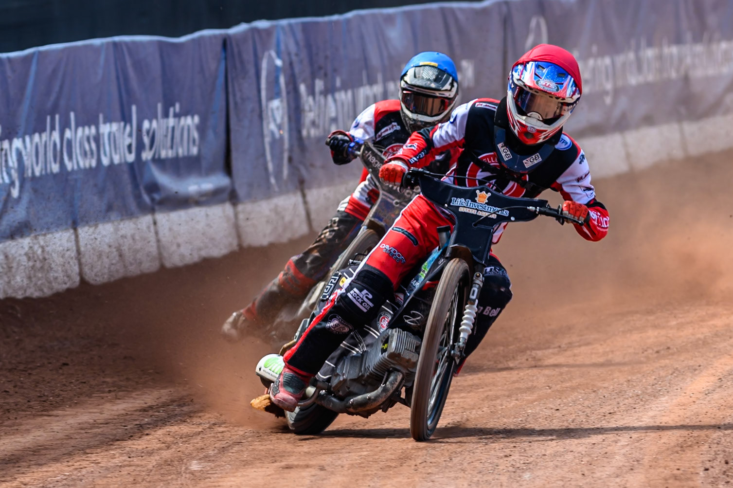 Freddy Hodder of Belle Vue Colts  in Red leading Harry Fletcher of Belle Vue Colts  in Blue during the WSRA National Development League match between Belle Vue Colts and Middlesbrough Tigers at the National Speedway Stadium, Manchester on Sunday 10th August 2025. (Photo: Mark Fletcher | MI News)
