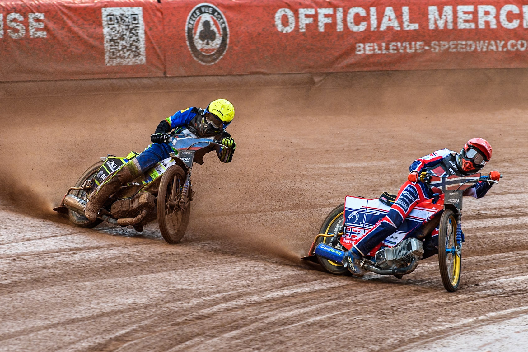 Mathias Pollestad of Norway in Red rides inside Matic Ivacic of Slovenia in Yellow during the Monster Energy FIM Speedway of Nation Semi Final 2 at the National Speedway Stadium, Manchester on Wednesday 10th July 2024. (Photo: Ian Charles | MI News)
