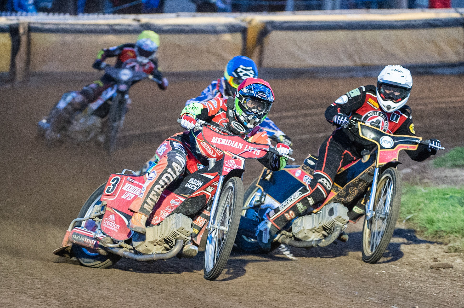 Photo by Ian Charles:

Hans Andersen  (Red) outside Max Fricke  (White) with Michael Palm Toft  (Blue) and Steve Worrall  (Yellow) behind

Peterborough Panthers v Belle Vue Aces, British Speedway Premiership, Thursday, 5, September, 2019