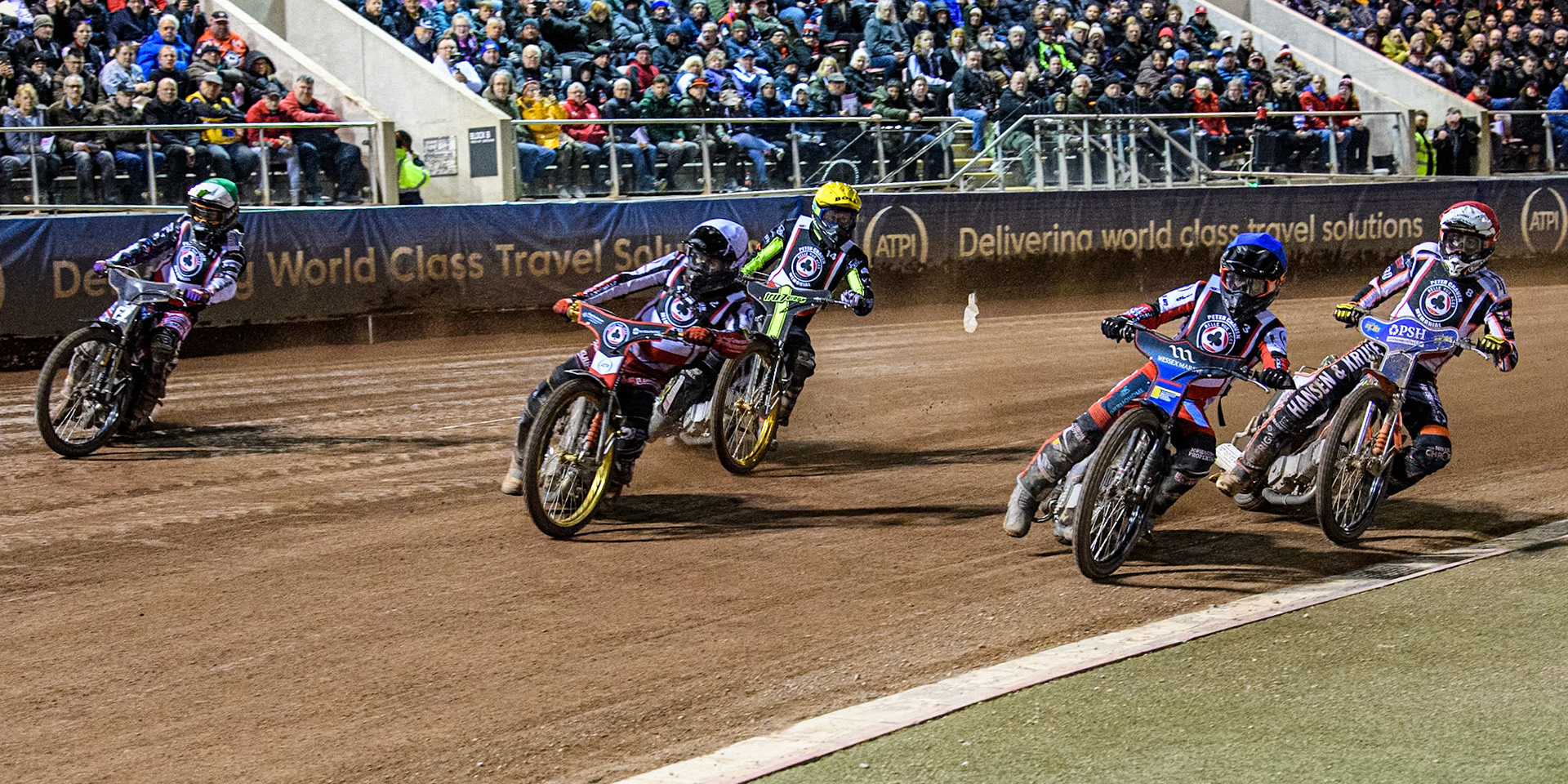 Australia's Ben Cook (Blue) leads  Denmark's Niels-Kristian Iversen (Red) Germany's Norick Blödorn(White), Australia's Jason Doyle (Yellow) and Sweden’s Fredrik Lindgren (green) in the 5 rider semi Final during the Peter Craven Memorial Trophy meeting at the National Speedway Stadium, Manchester on Monday 18th March 2024. (Photo: Ian Charles | MI News)