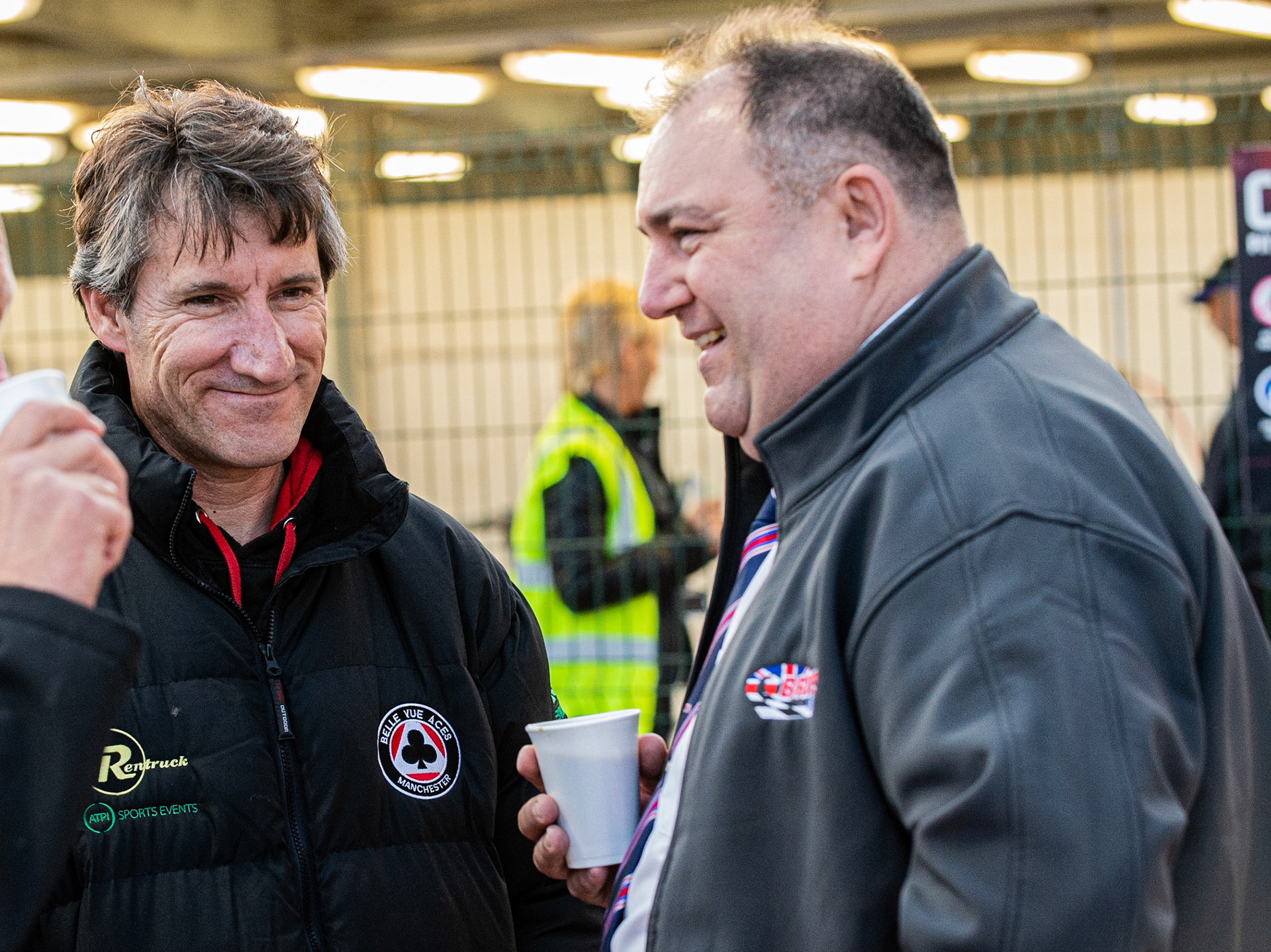 Photo: Ian Charles

Belle Vue Director of Speedway (left) chats with NL Co-ordinator Jason Pipe

Belle Vue Colts v Plymouth Gladiators National League, Belle Vue National Speedway Stadium, Manchester, Thursday 23  May  2019