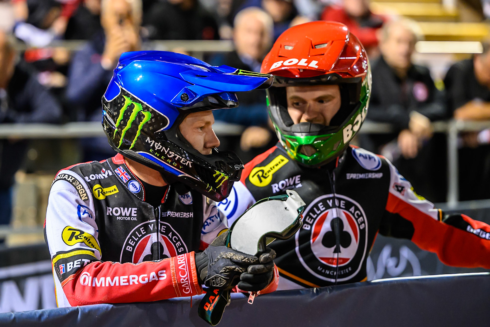 Dan Bewley of Belle Vue Aces  (Left) discusses tactics during the Rowe Motor Oil Premiership Play Off Semi Final 1 (1st Leg)  between Belle Vue Aces and Ipswich Witchwith Brady Kurtz of Belle Vue Aces  es at the National Speedway Stadium, Manchester on Monday 8th September 2025. (Photo: Ian Charles | MI News)