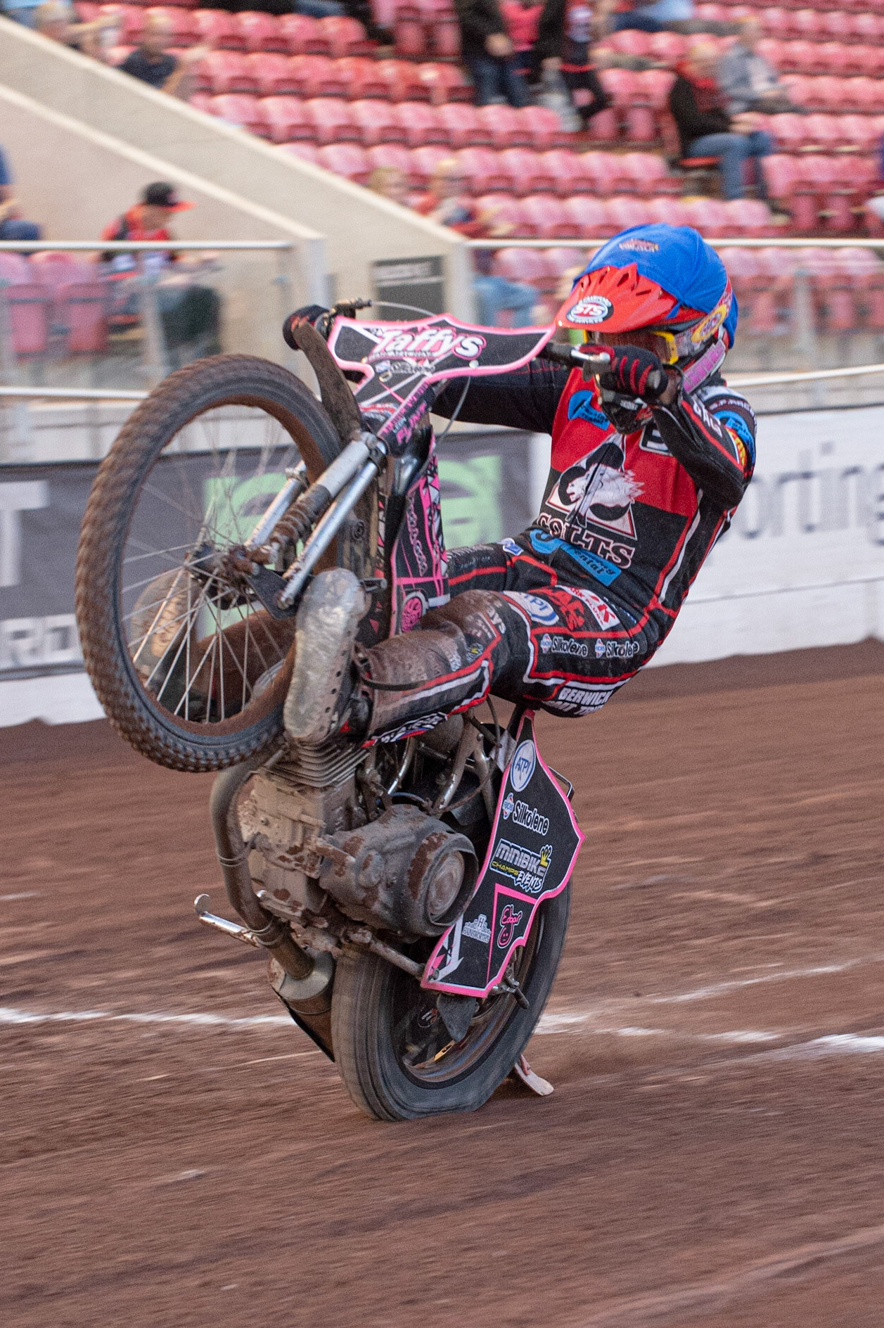 Photo: Ian Charles

Leon Flint pulls a wheelie 

Belle Vue Colts v Isle Of Wight Warriors, SGB National League KO Cup Quarter Final 1st Leg, Belle Vue National Speedway Stadium, Manchester, Monday 22  July  2019