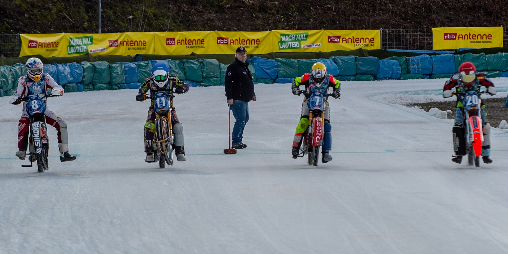 BERLIN GERMANY  - March 1  The start of the Broze Medal placing Final: (l-r) Franky Zorn of Austria Max Neidermaier of Germany, Harald Simon of Austria and Johan Weber of Germany  during the Ice Speedway of Nations at the Horst-Dohm-Eisstadion, Berlin,  on Sunday 1 March 2020. (Credit: Ian Charles | MI News)