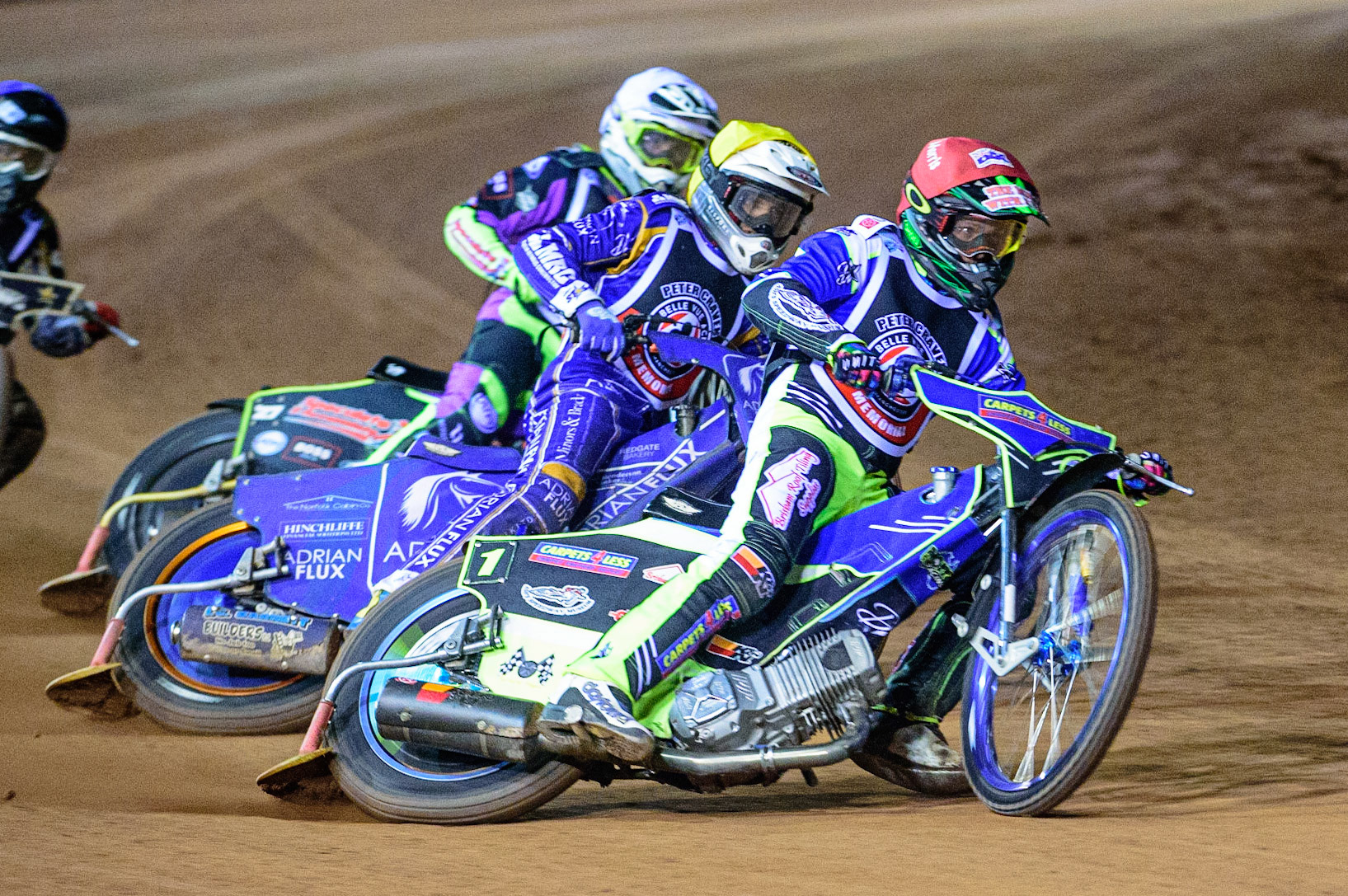 MANCHESTER, UK. OCT 23RD  Nick Morris  (Red) leads Lewis Kerr  (Yellow), and Tom Brennan  (White) during the Peter Craven Memorial Trophy event at the National Speedway Stadium, Manchester on Saturday 23rd October 2021. (Credit: Ian Charles | MI News)