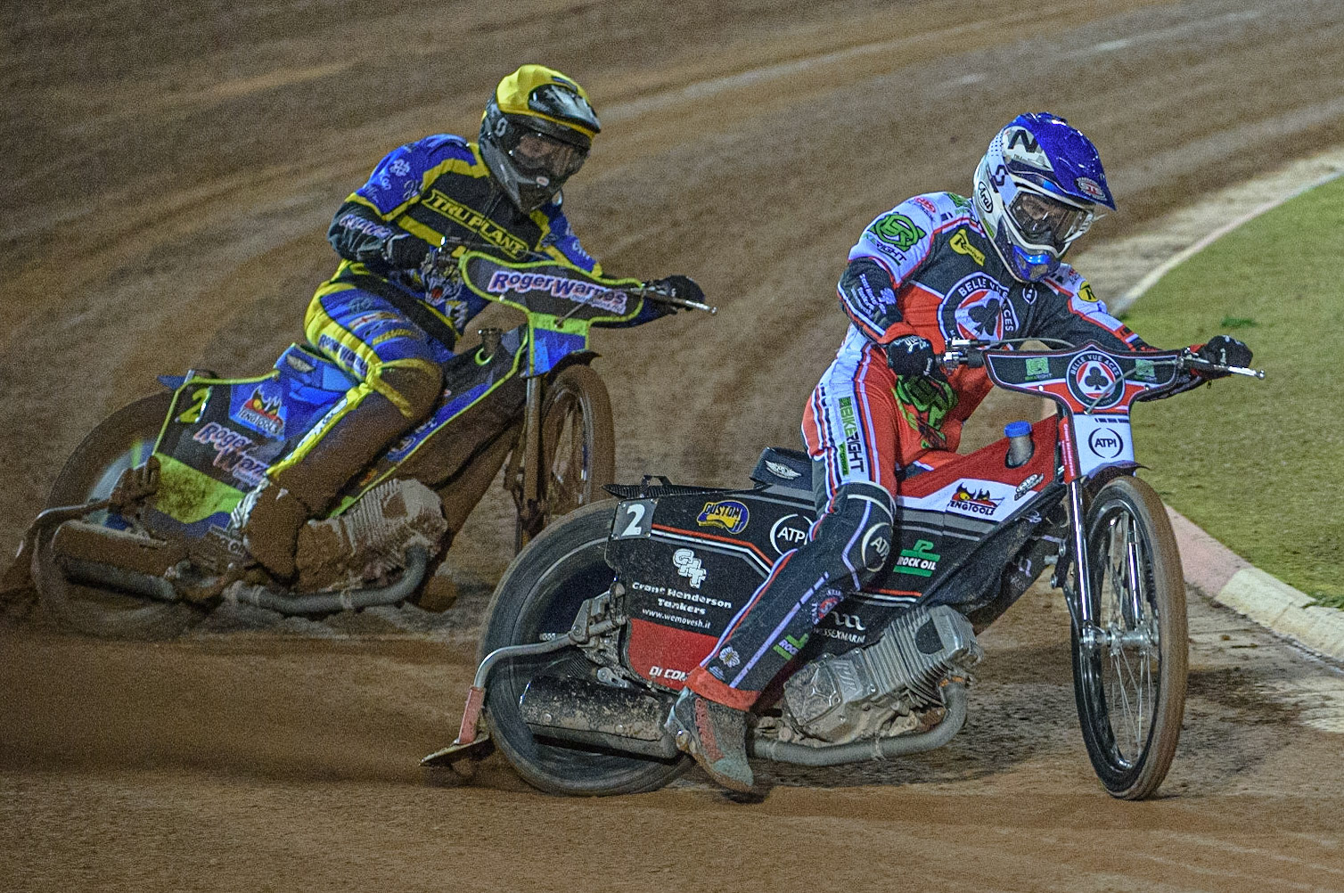 MANCHESTER, UK. OCT 7TH  Richie Worrall  (Blue) leads Troy Batchelor  (Yellow) during the SGB Premiership Play off Semi-Final Second Leg between Belle Vue Aces and Sheffield Tigers at the National Speedway Stadium, Manchester on Thursday 7th October 2021. (Credit: Ian Charles | MI News)